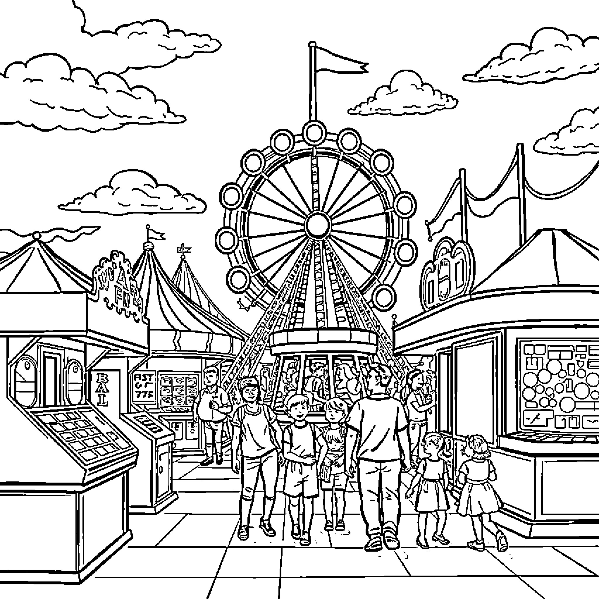 Funfair bustling with people and rides Coloring Page (free black-and-white line drawing printable PDF for all, from beginners to advanced learners, including children, teens, adults, and seniors)