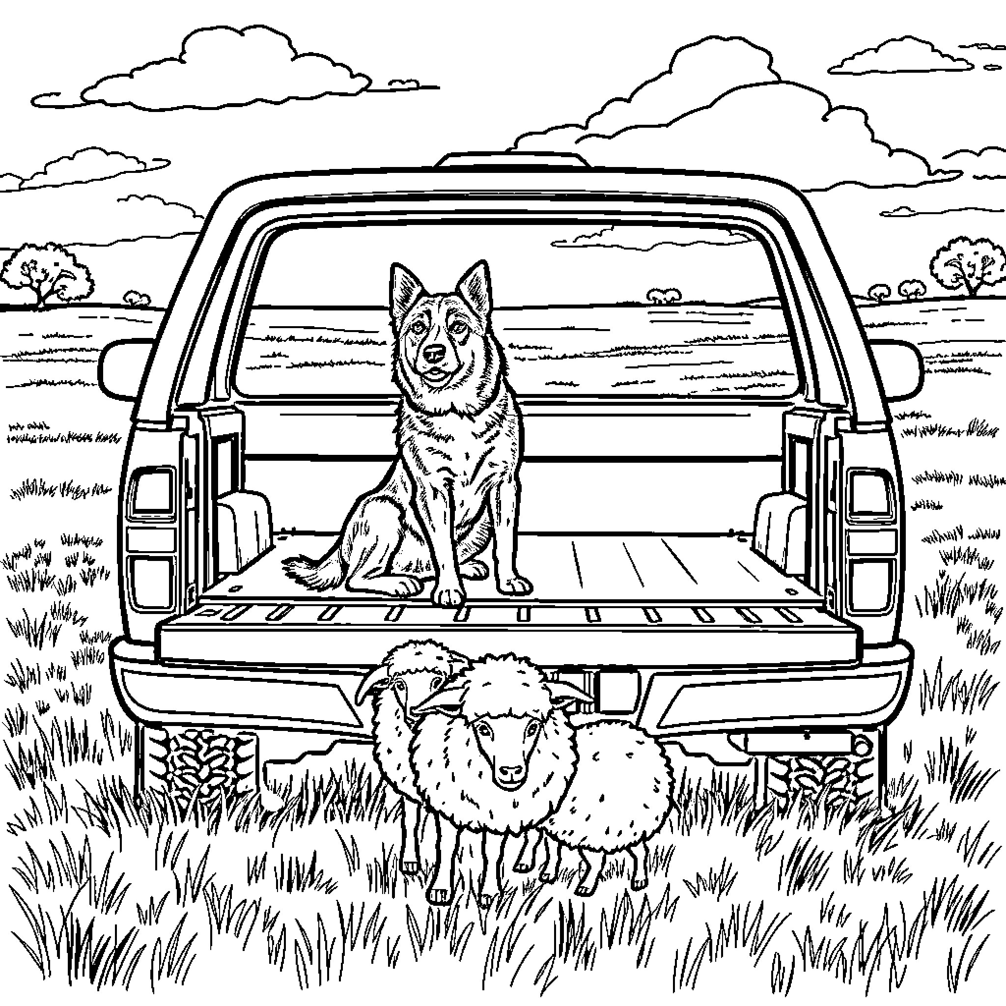 Heeler dogs enjoying the outdoors in a pickup truck Coloring Page (free black-and-white line drawing printable PDF for all, from beginners to advanced learners, including children, teens, adults, and seniors)