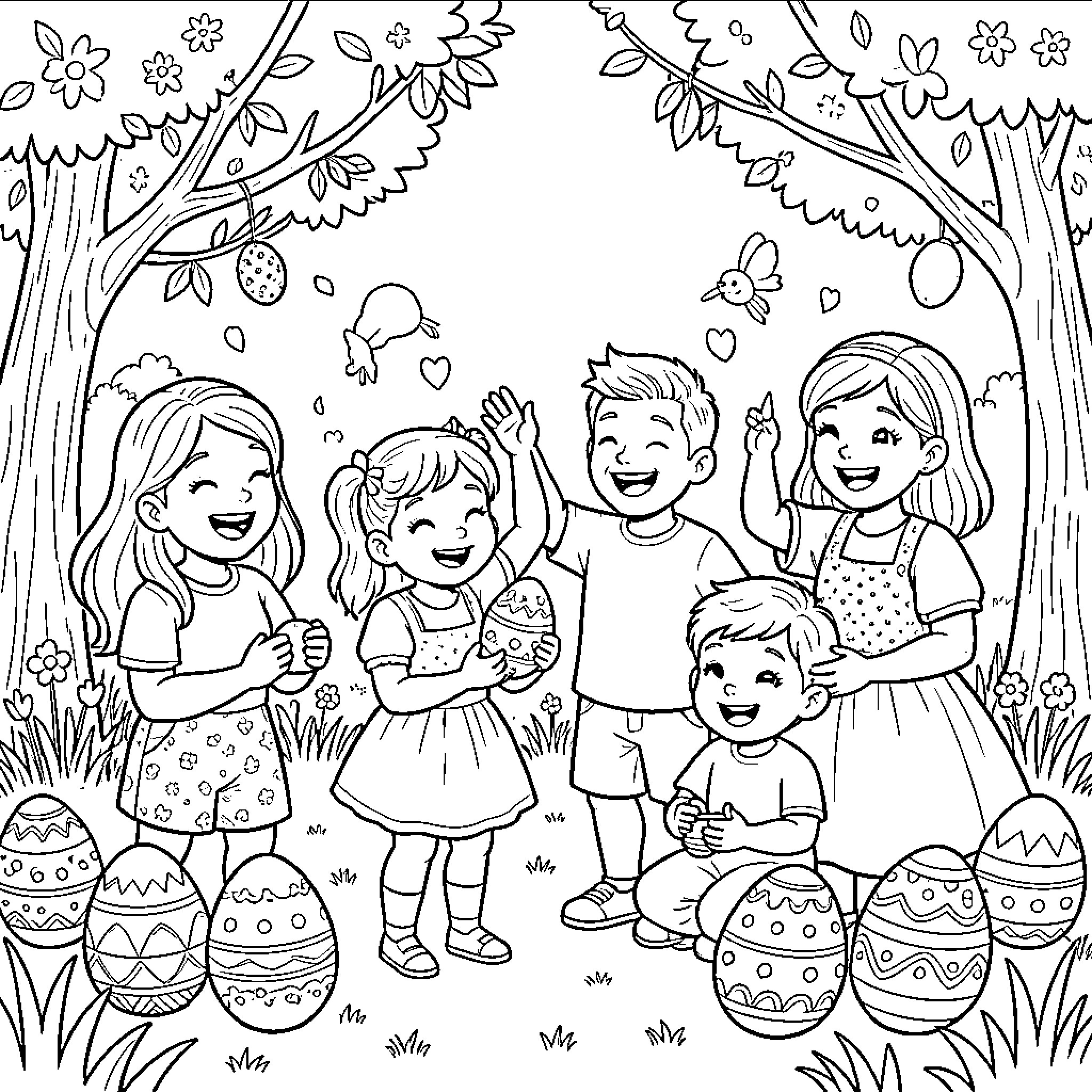 Easter fun with friends in the garden Coloring Page (free black-and-white line drawing printable PDF for all, from beginners to advanced learners, including children, teens, adults, and seniors)