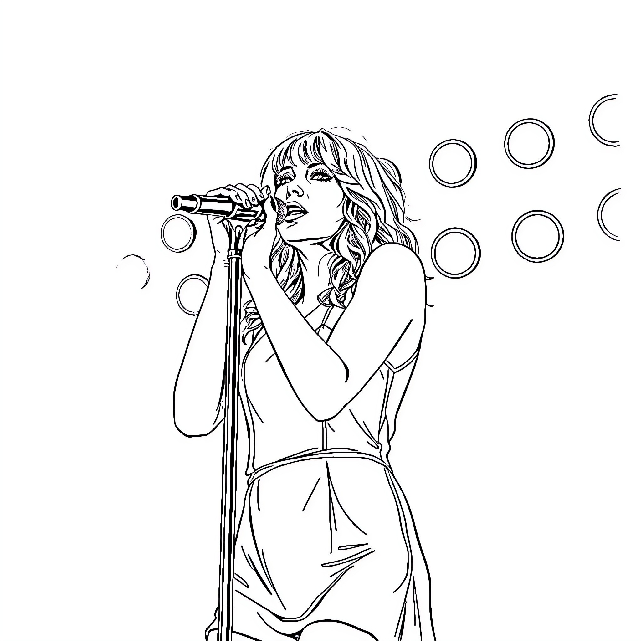 Taylor Swift performing on stage with microphone Coloring Page (free black-and-white line drawing printable PDF for all, from beginners to advanced learners, including children, teens, adults, and seniors)