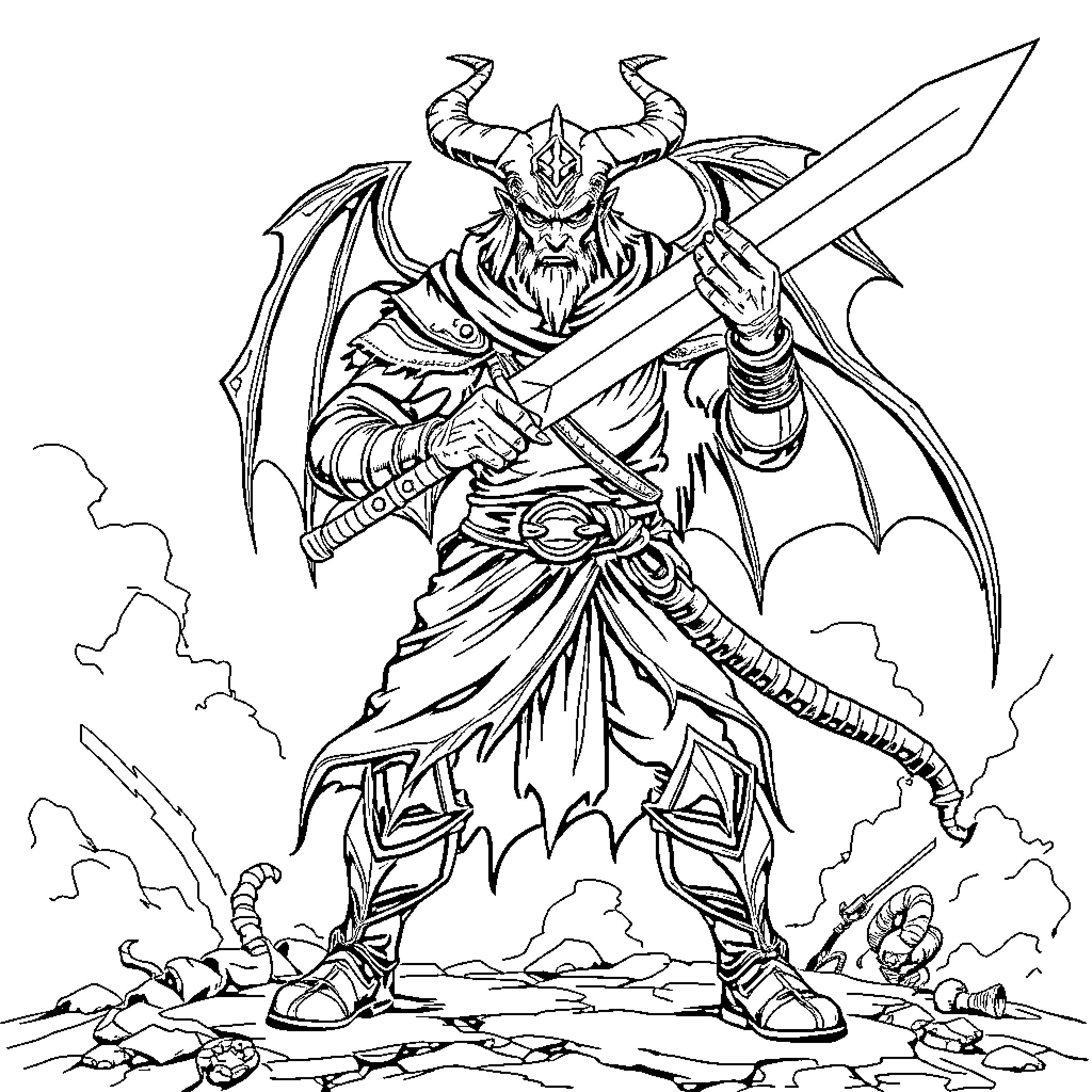Demon Slayer Warrior in Fierce Battle Stance Coloring Page (free black-and-white line drawing printable PDF for all, from beginners to advanced learners, including children, teens, adults, and seniors)
