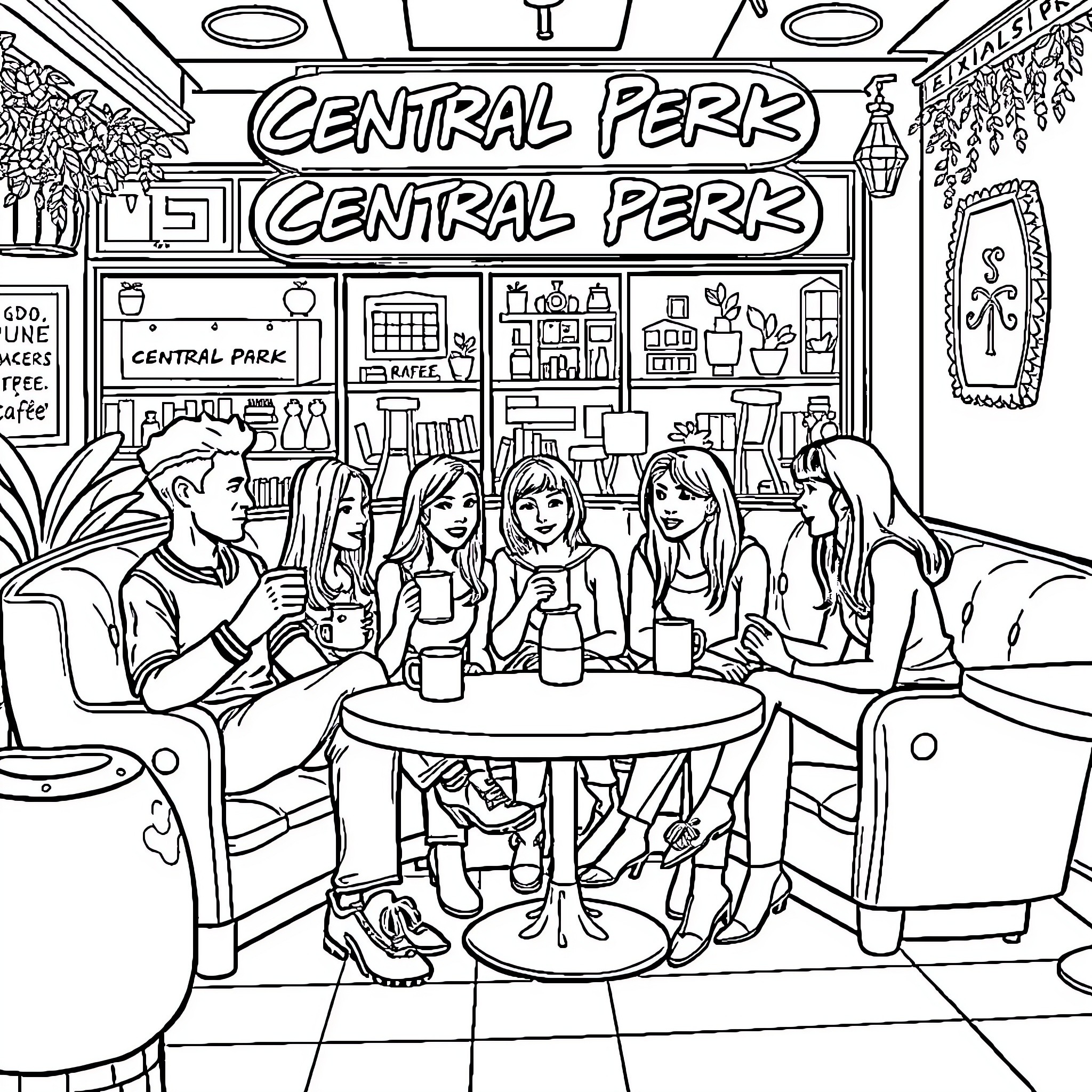 Friends enjoying a casual gathering at Central Perk Coloring Page (free black-and-white line drawing printable PDF for all, from beginners to advanced learners, including children, teens, adults, and seniors)