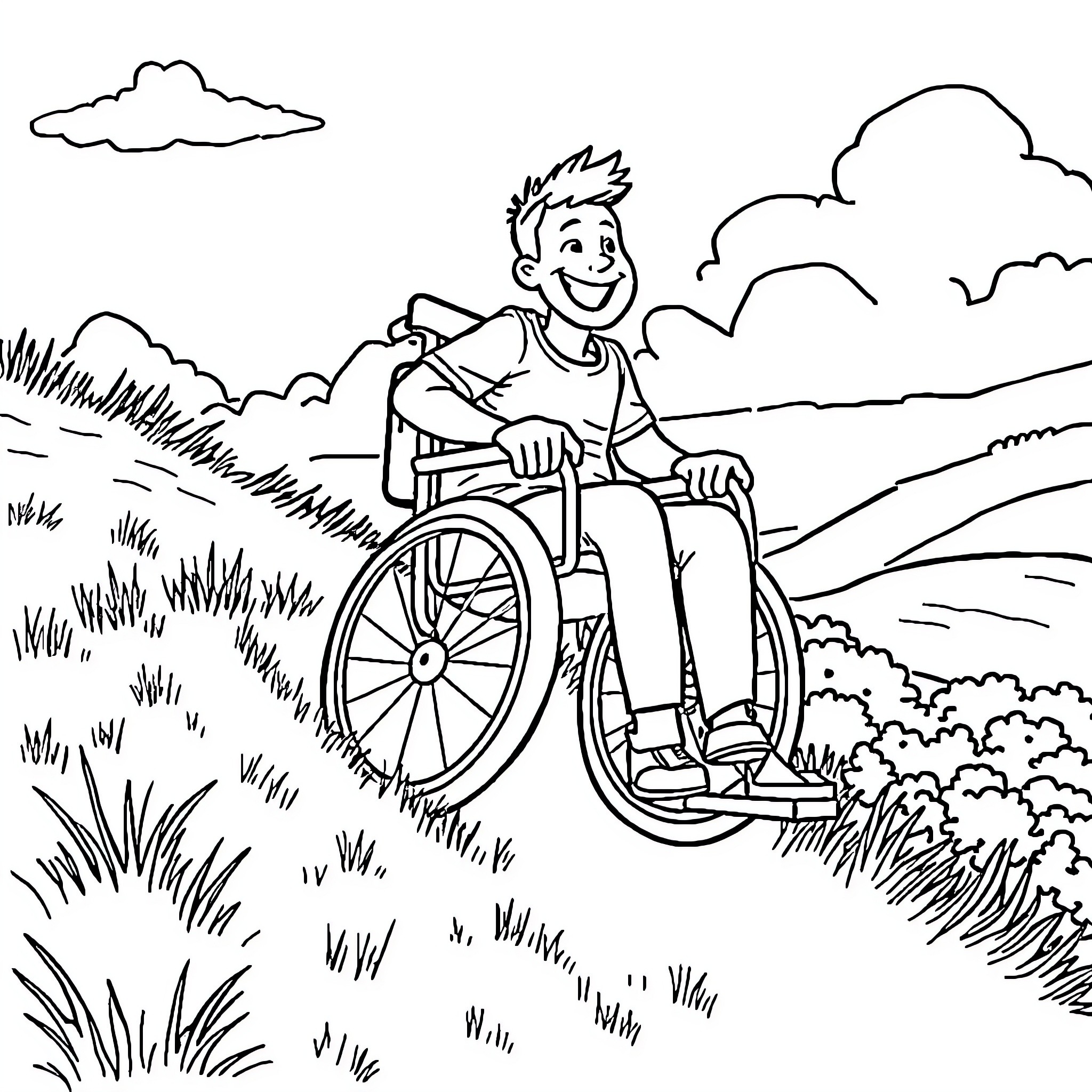 Wheelchair user enjoying outdoor scenery Coloring Page (free black-and-white line drawing printable PDF for all, from beginners to advanced learners, including children, teens, adults, and seniors)