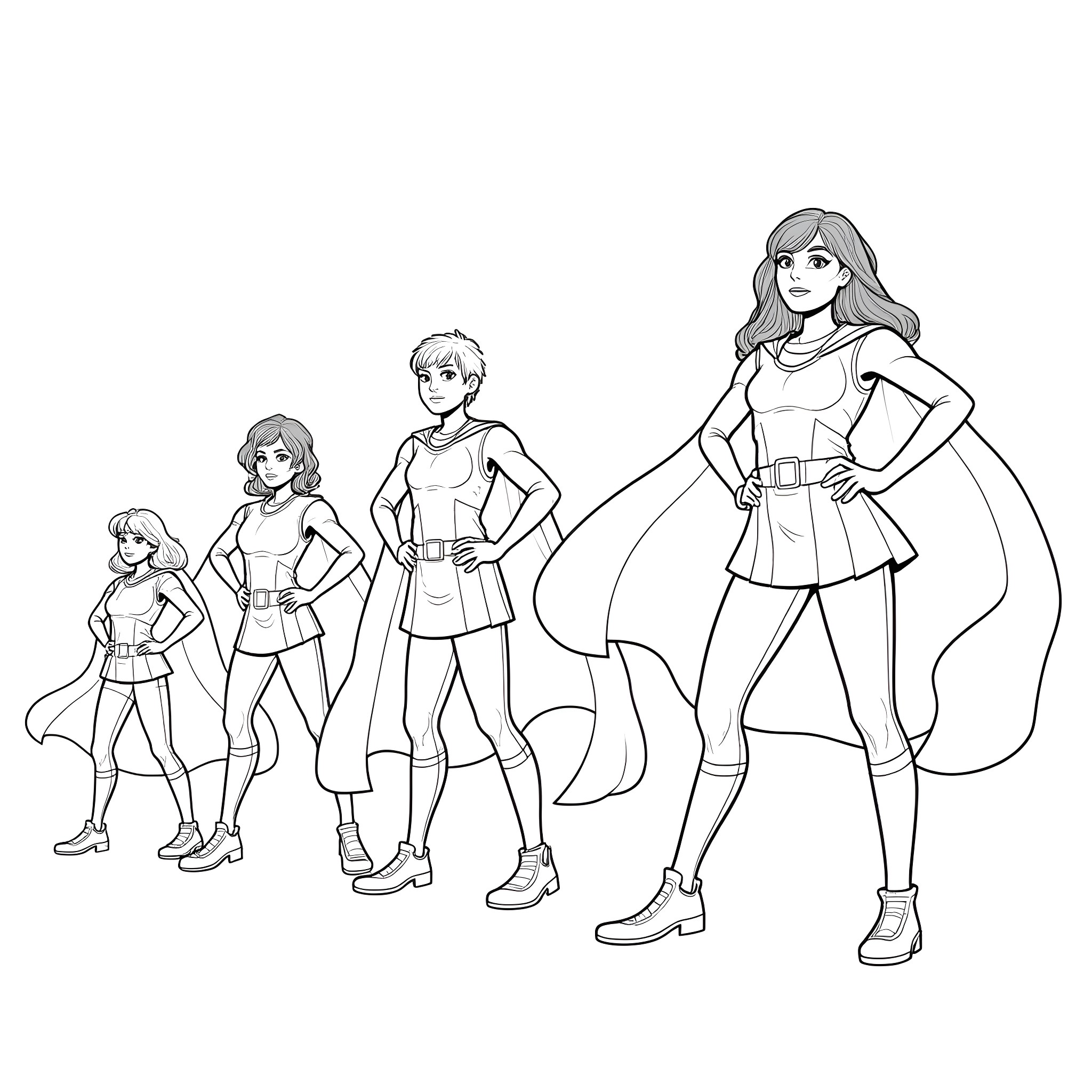 My Hero Academia: Diverse Heroes in Action Poses Coloring Page (free black-and-white line drawing printable PDF for all, from beginners to advanced learners, including children, teens, adults, and seniors)