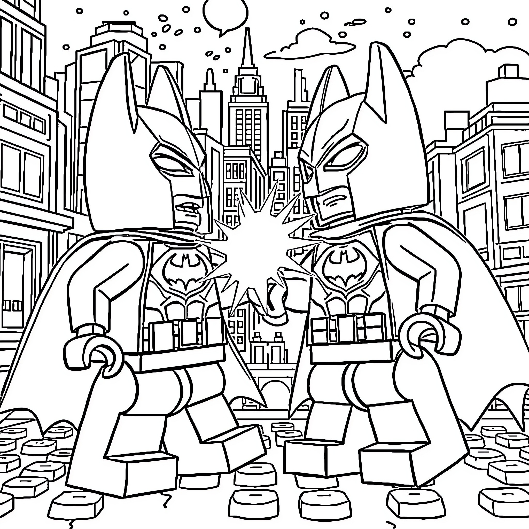 Lego Batman fighting criminals in the city Coloring Page (free black-and-white line drawing printable PDF for all, from beginners to advanced learners, including children, teens, adults, and seniors)