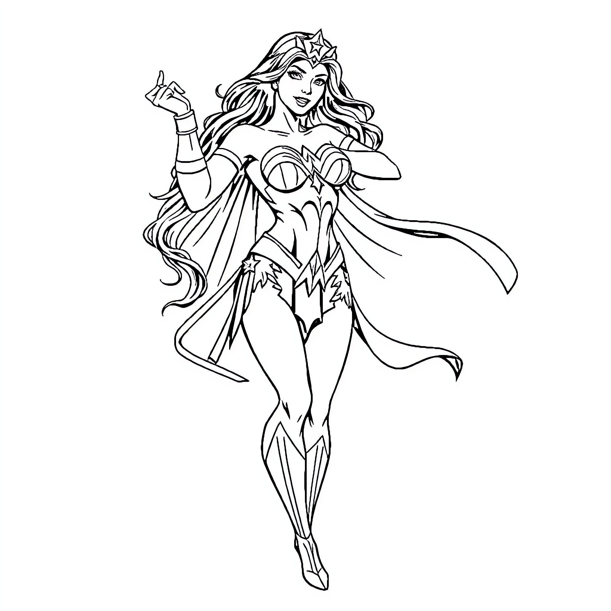 Wonder Woman in Heroic Pose Coloring Page (free black-and-white line drawing printable PDF for all, from beginners to advanced learners, including children, teens, adults, and seniors)