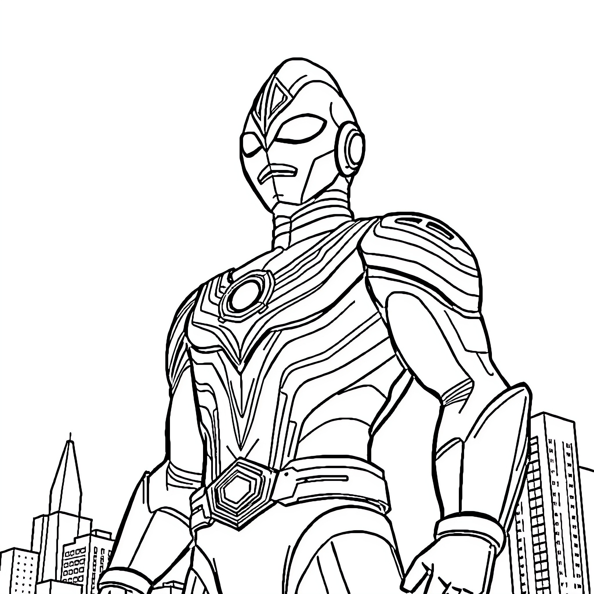 Ultraman heroically standing tall in the city Coloring Page (free black-and-white line drawing printable PDF for all, from beginners to advanced learners, including children, teens, adults, and seniors)