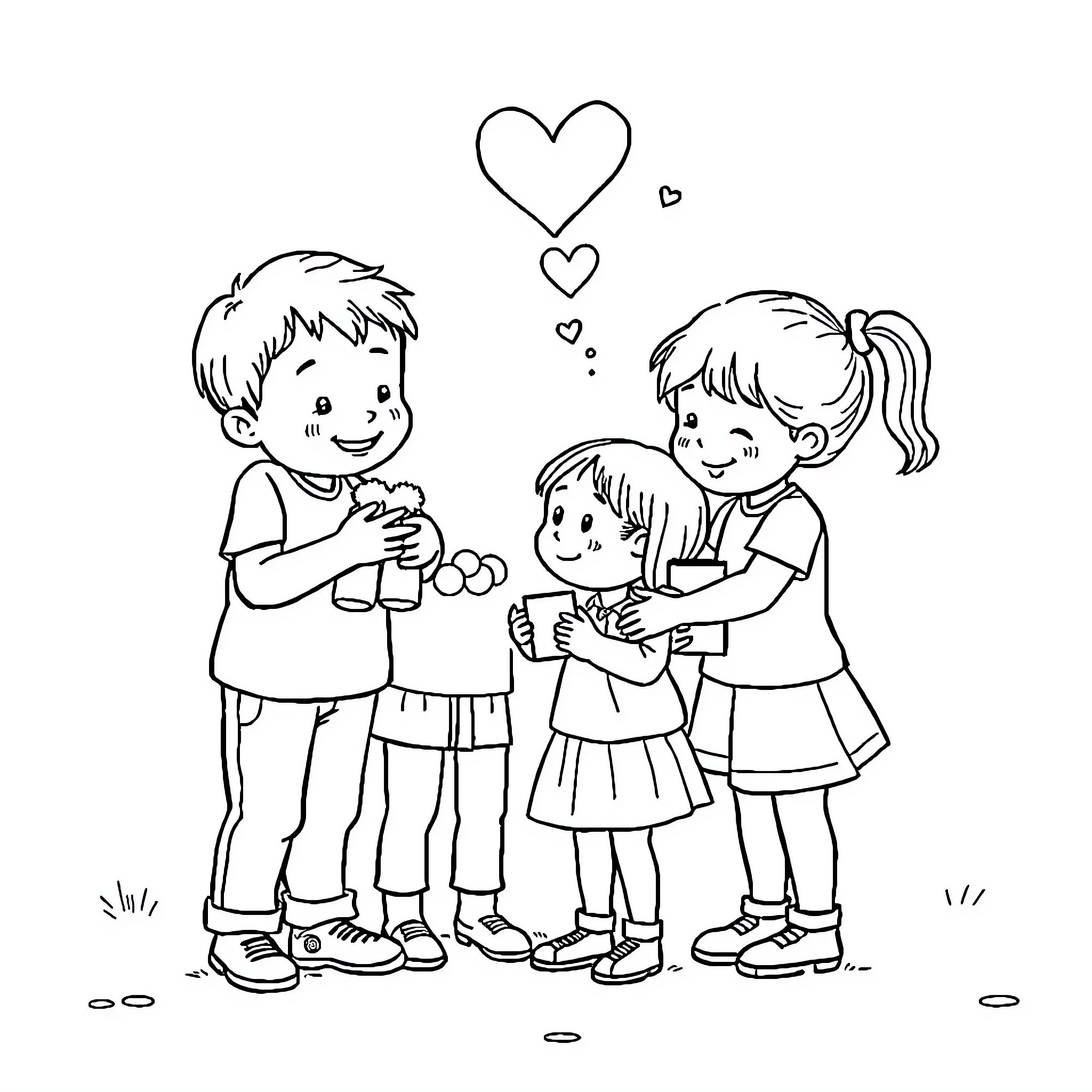 Children sharing friendship and affection Coloring Page (free black-and-white line drawing printable PDF for all, from beginners to advanced learners, including children, teens, adults, and seniors)