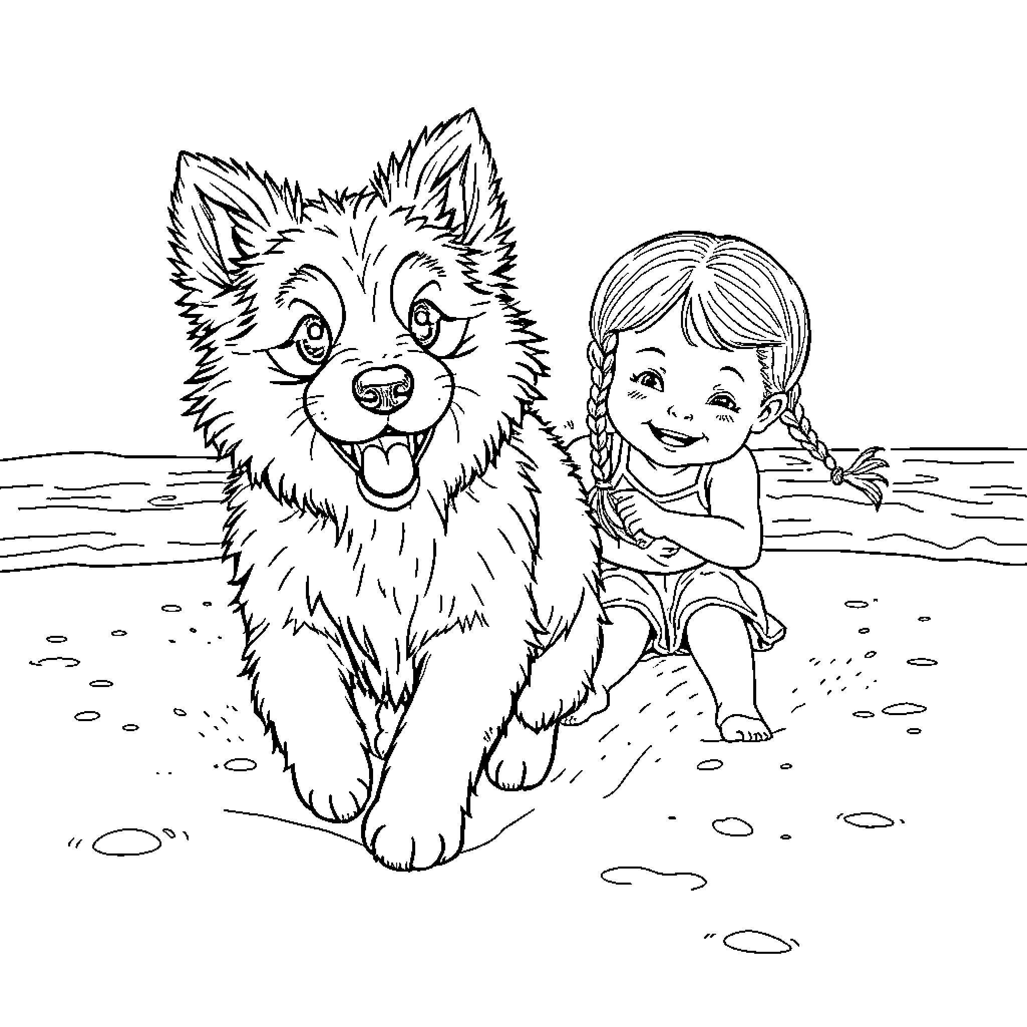 Bichón Maltés playing happily with a young girl Coloring Page (free black-and-white line drawing printable PDF for all, from beginners to advanced learners, including children, teens, adults, and seniors)