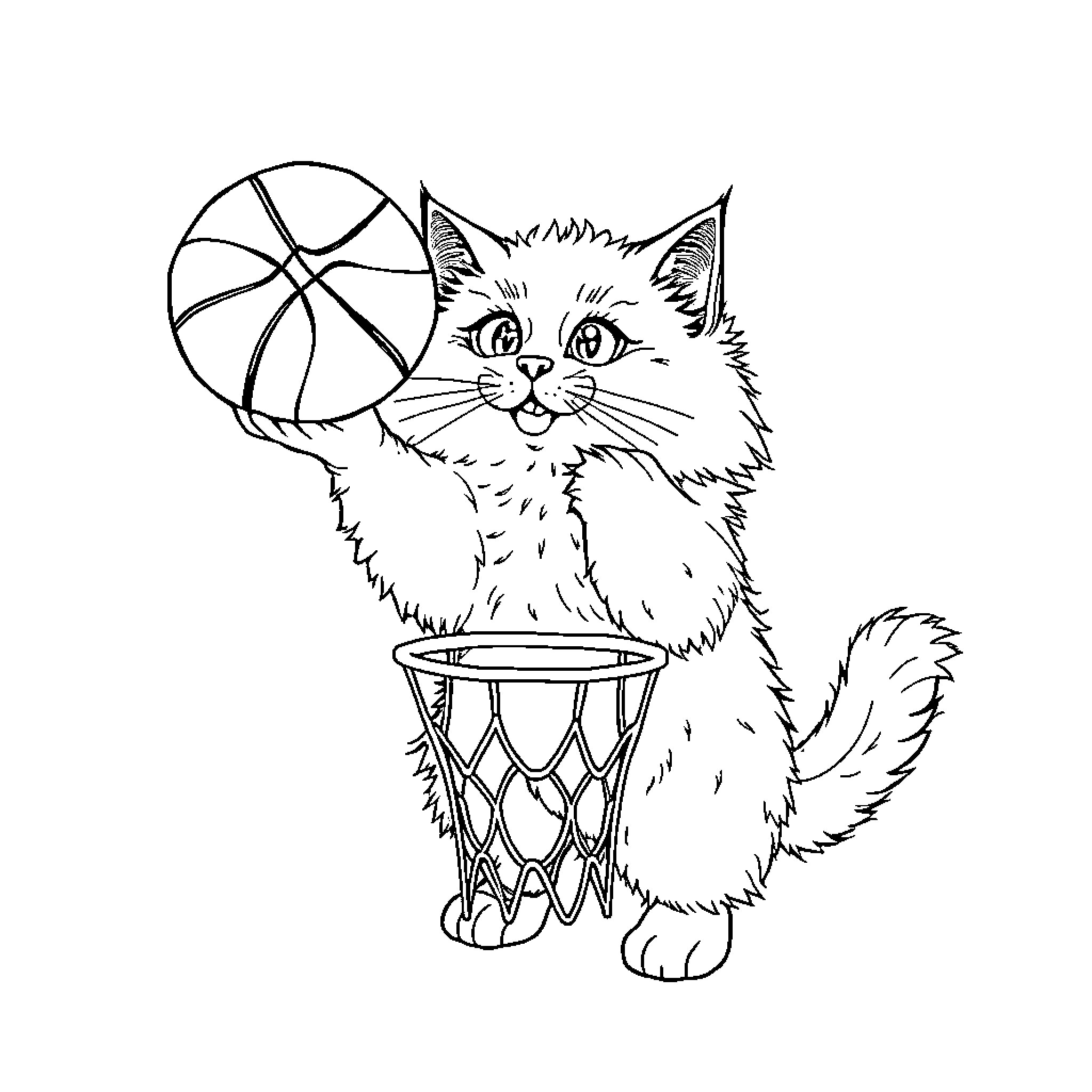 Cat playing with basketball in hoop Coloring Page (free black-and-white line drawing printable PDF for all, from beginners to advanced learners, including children, teens, adults, and seniors)