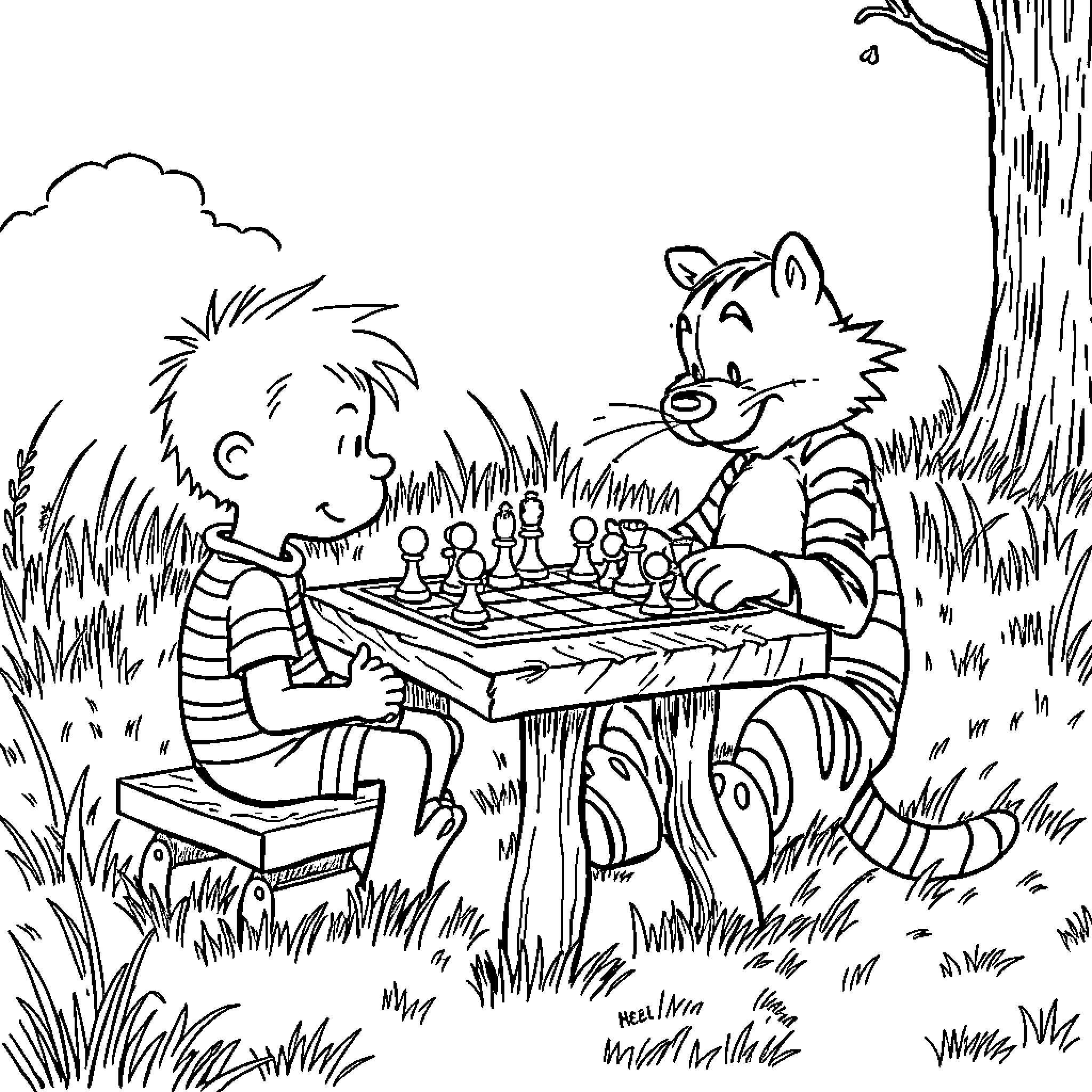 Calvin and the forest friends playing chess Coloring Page (free black-and-white line drawing printable PDF for all, from beginners to advanced learners, including children, teens, adults, and seniors)