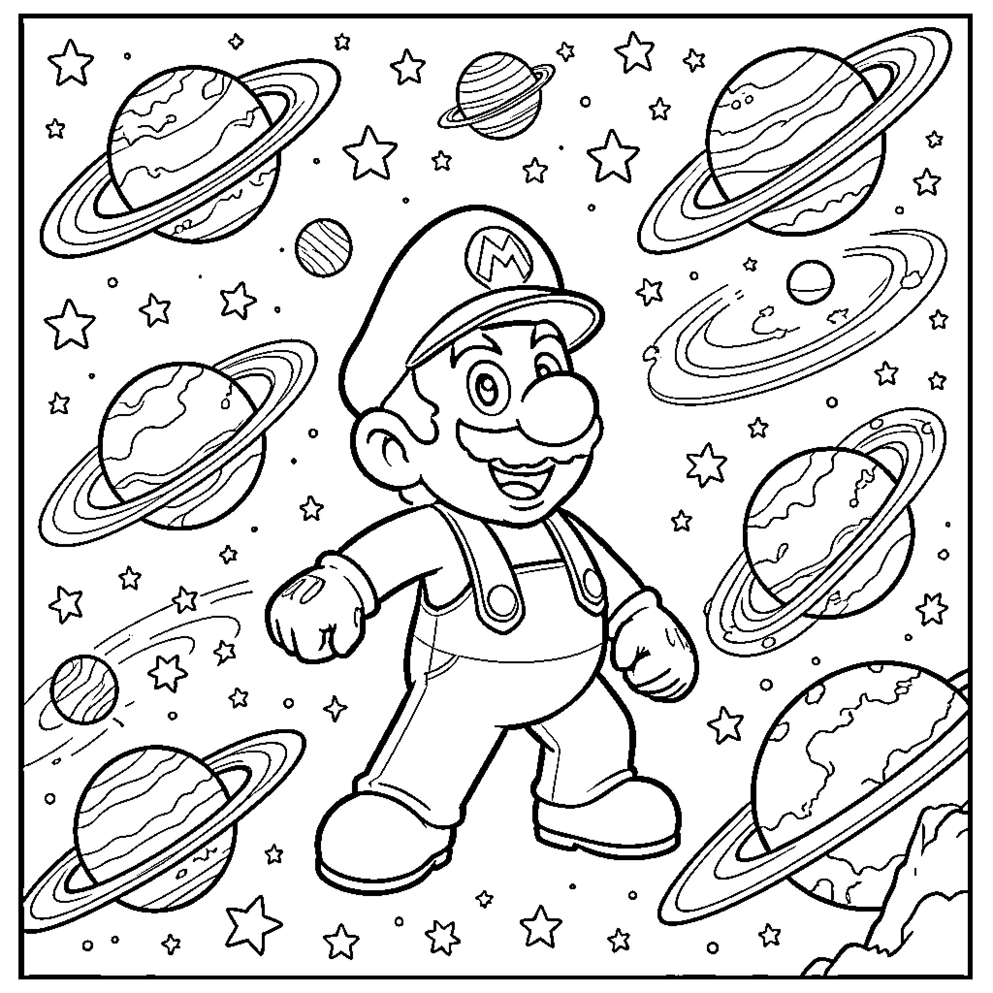 Mario's Cosmic Adventure Coloring Page (free black-and-white line drawing printable PDF for all, from beginners to advanced learners, including children, teens, adults, and seniors)