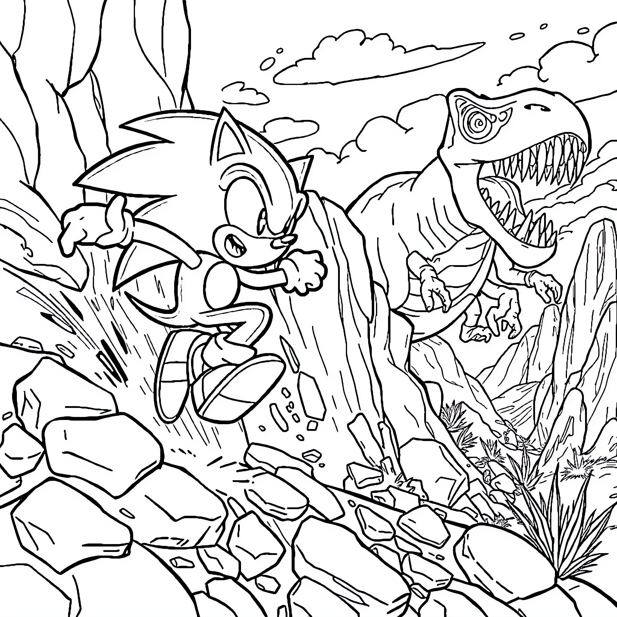 Sonic's Daring Escape from Prehistoric Perils Coloring Page (free black-and-white line drawing printable PDF for all, from beginners to advanced learners, including children, teens, adults, and seniors)