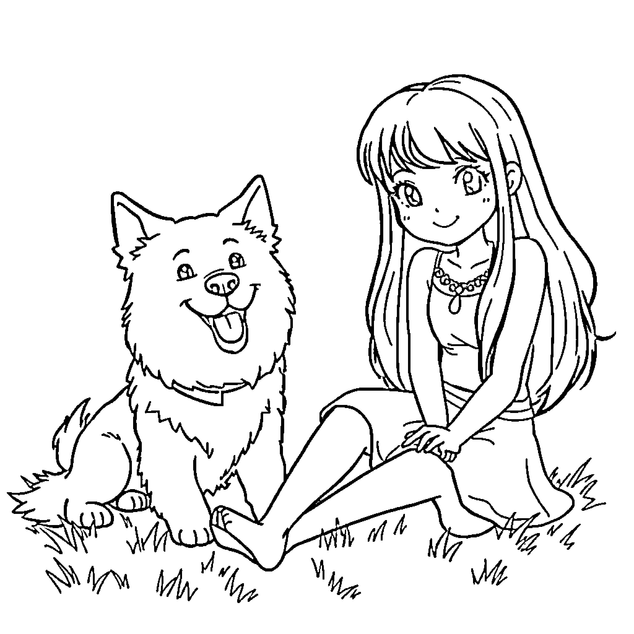 Dog and Girl Relaxing in the Grass Coloring Page (free black-and-white line drawing printable PDF for all, from beginners to advanced learners, including children, teens, adults, and seniors)
