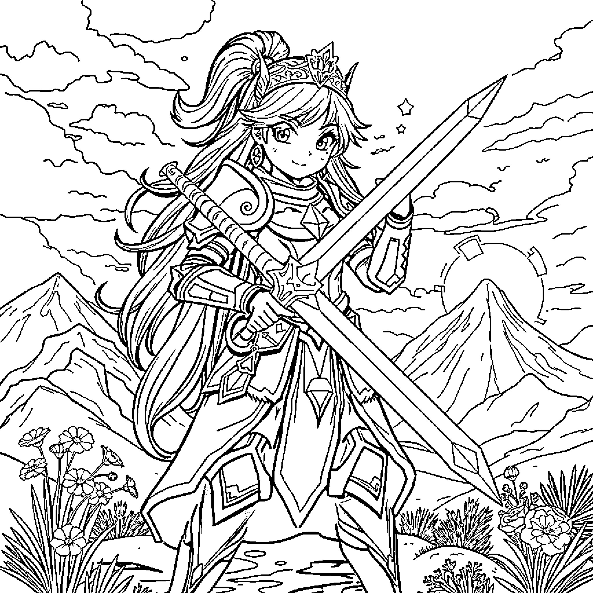 Princess Warrior Brandishing Sword Amidst Nature Coloring Page (free black-and-white line drawing printable PDF for all, from beginners to advanced learners, including children, teens, adults, and seniors)