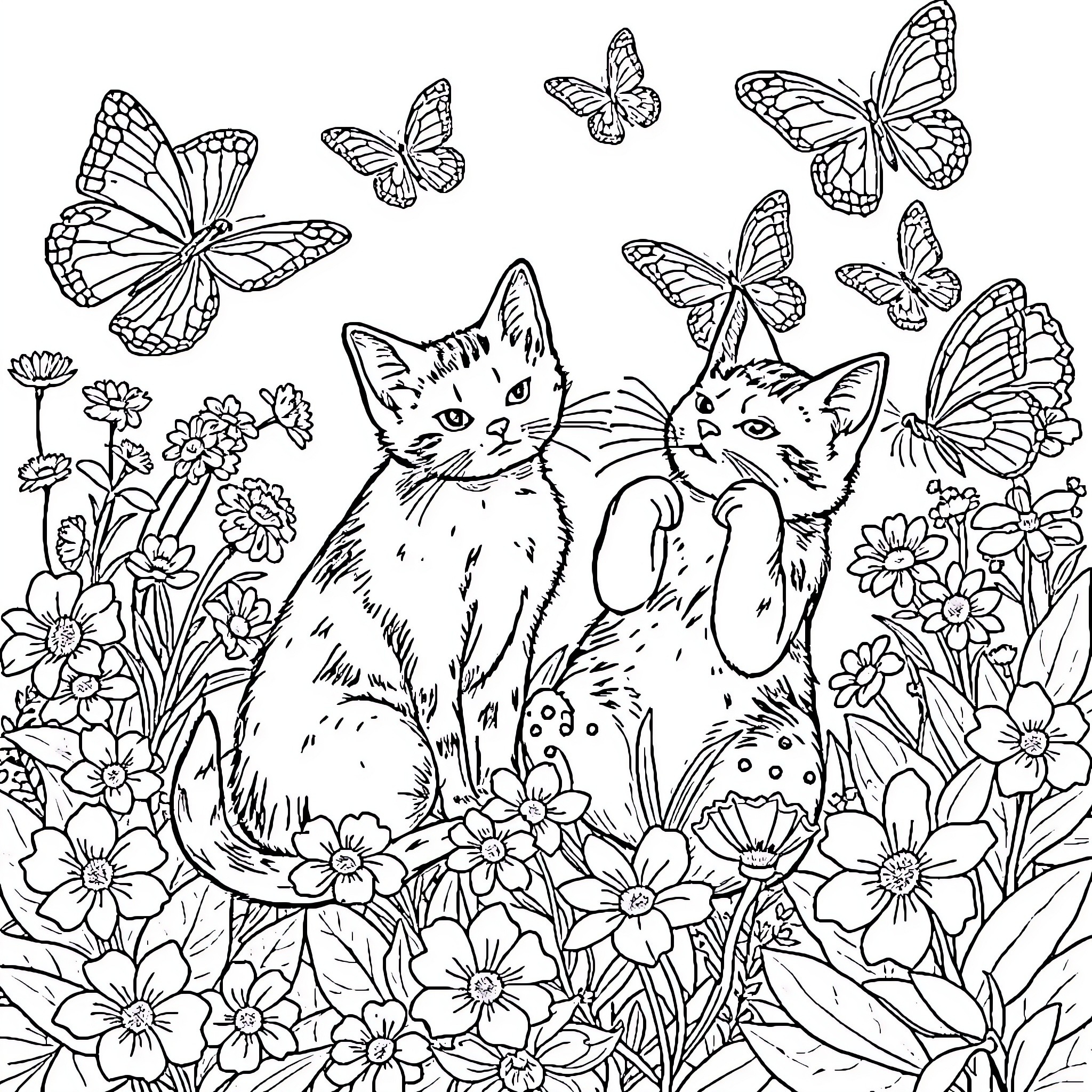 Cats Among Flowers and Butterflies Coloring Page (free black-and-white line drawing printable PDF for all, from beginners to advanced learners, including children, teens, adults, and seniors)