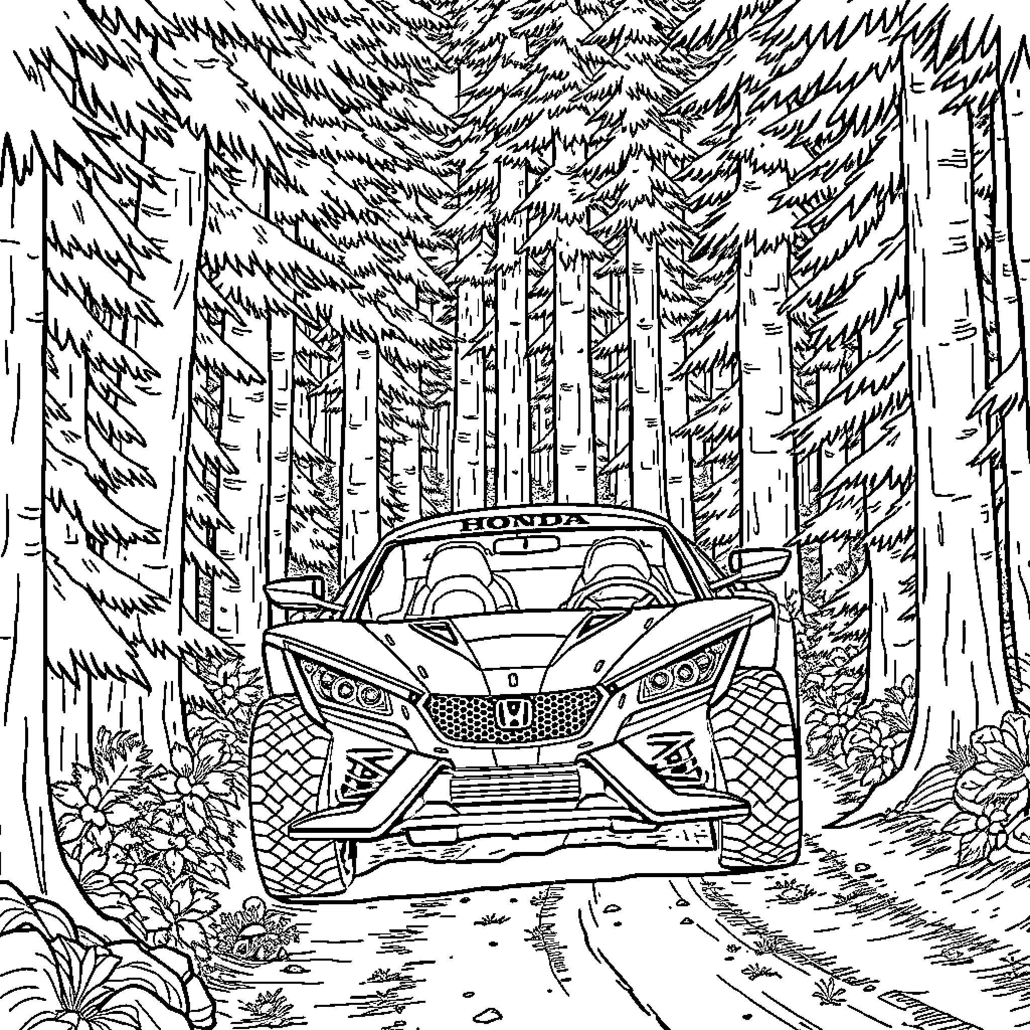 Honda Talon racing through a forest Coloring Page (free black-and-white line drawing printable PDF for all, from beginners to advanced learners, including children, teens, adults, and seniors)