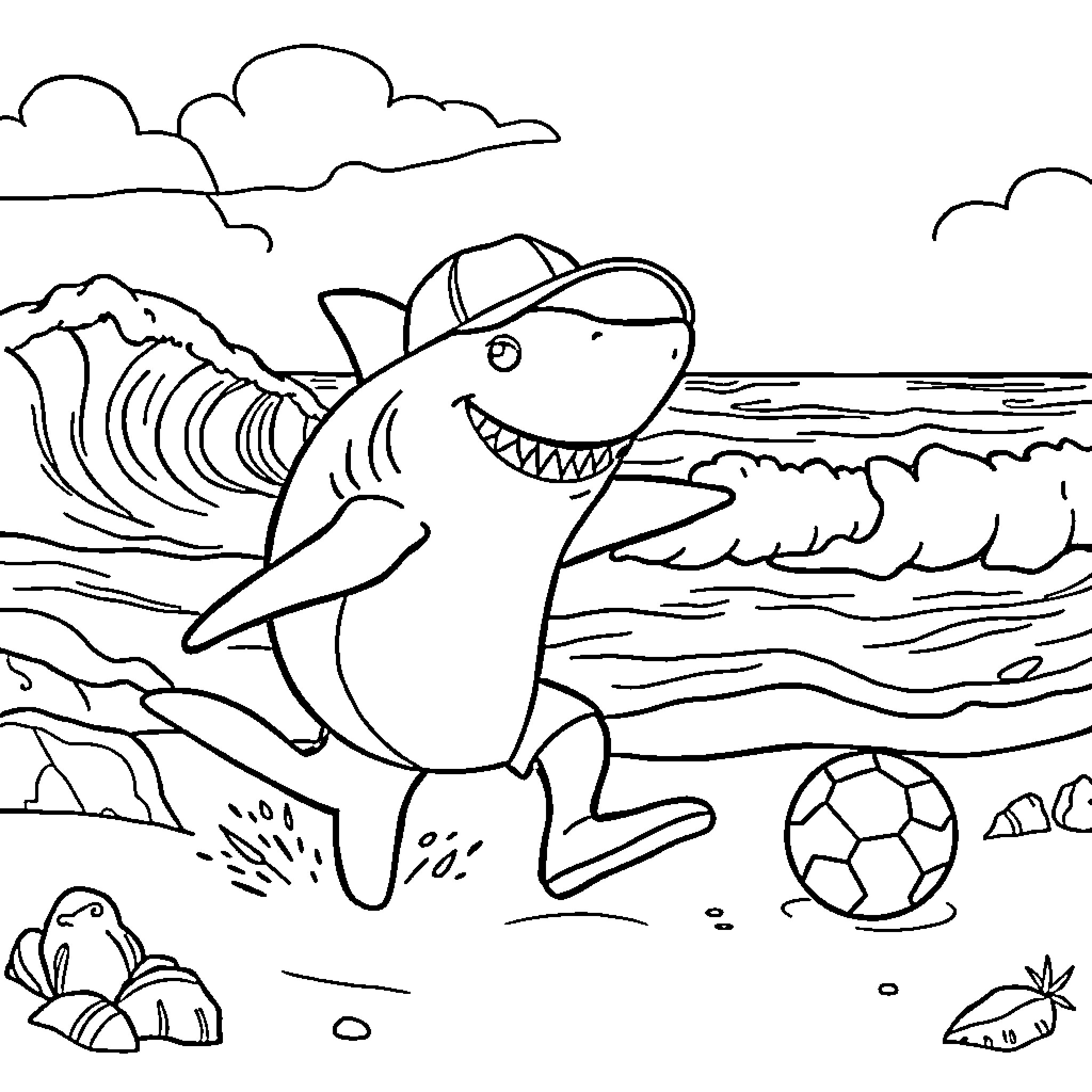 Shark playing beach ball on the seashore Coloring Page (free black-and-white line drawing printable PDF for all, from beginners to advanced learners, including children, teens, adults, and seniors)