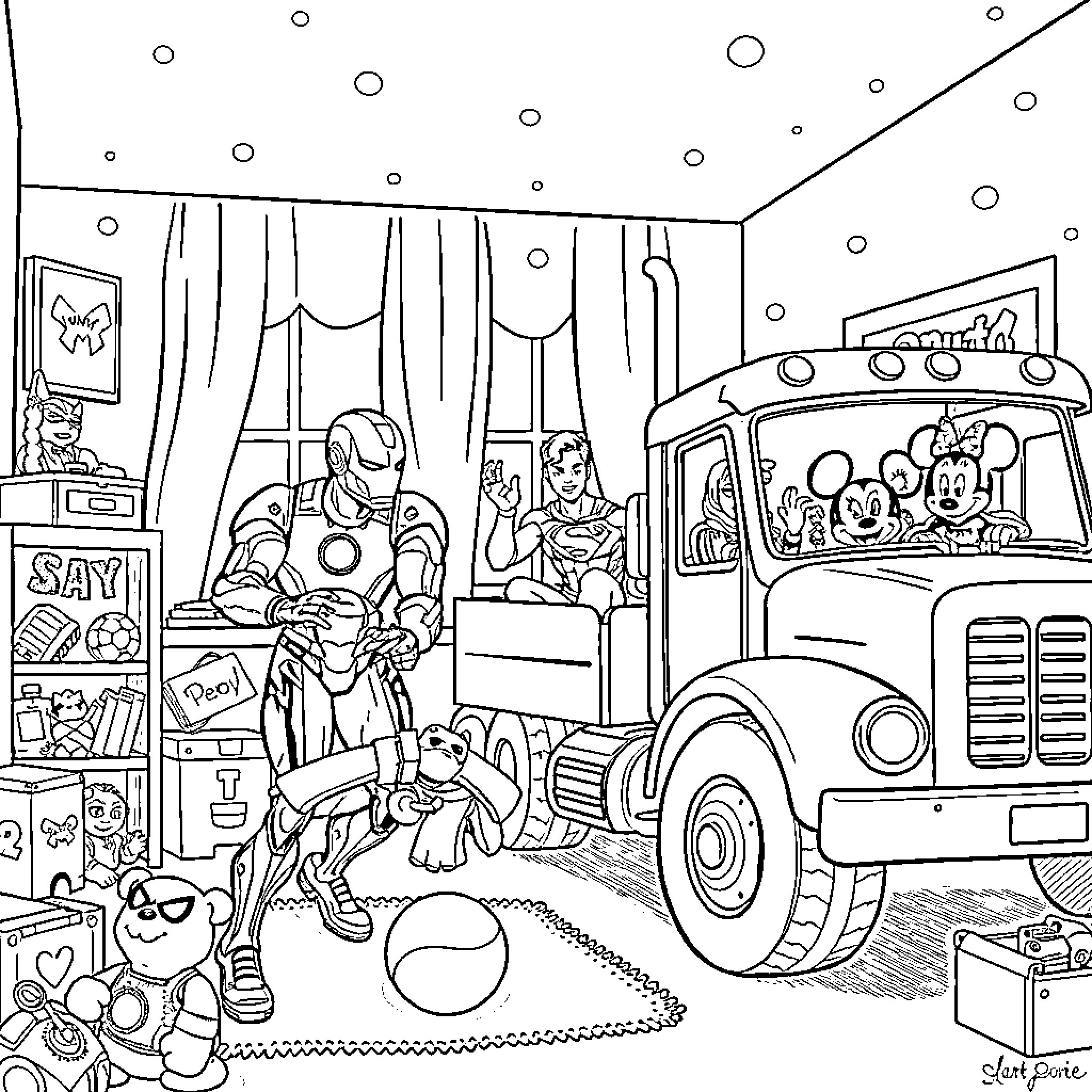 Ironman explores a colorful and whimsical superhero workshop Coloring Page (free black-and-white line drawing printable PDF for all, from beginners to advanced learners, including children, teens, adults, and seniors)