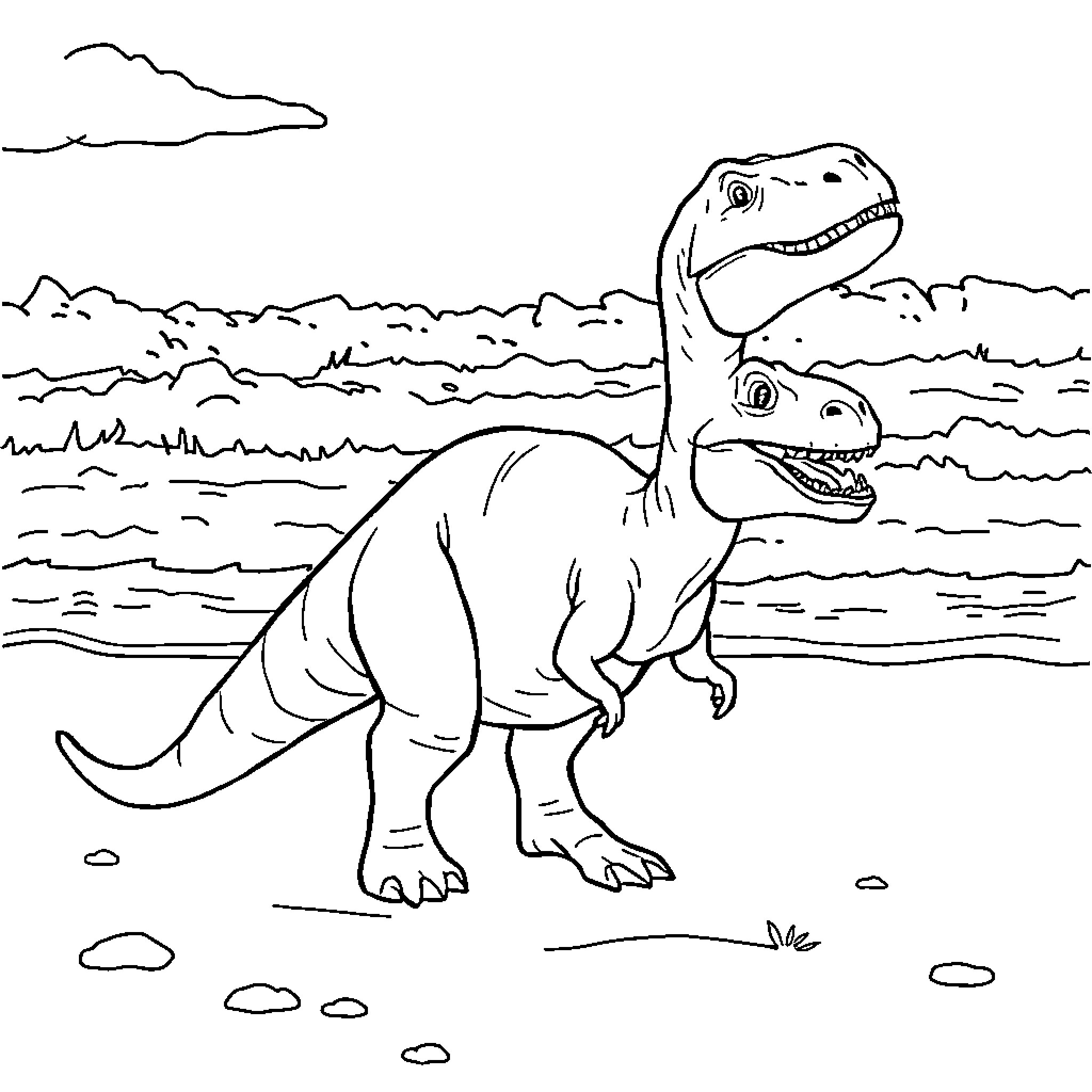 Dinosaurs roaming the prehistoric landscape Coloring Page (free black-and-white line drawing printable PDF for all, from beginners to advanced learners, including children, teens, adults, and seniors)