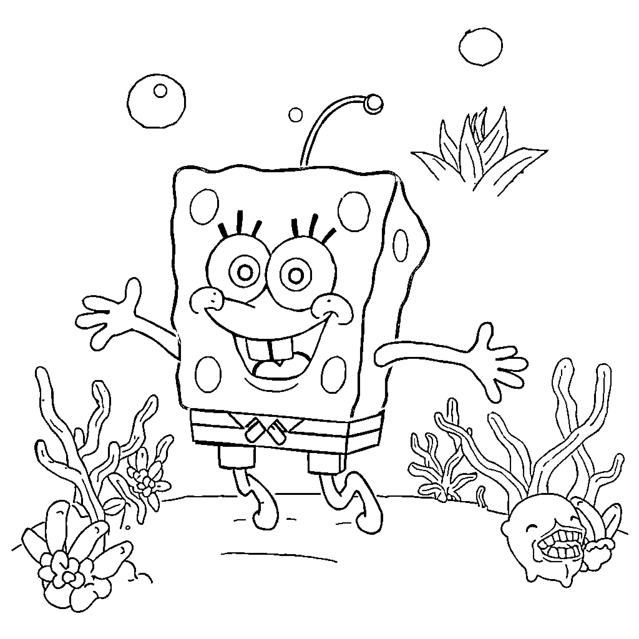 Spongebob cheerfully exploring underwater world Coloring Page (free black-and-white line drawing printable PDF for all, from beginners to advanced learners, including children, teens, adults, and seniors)