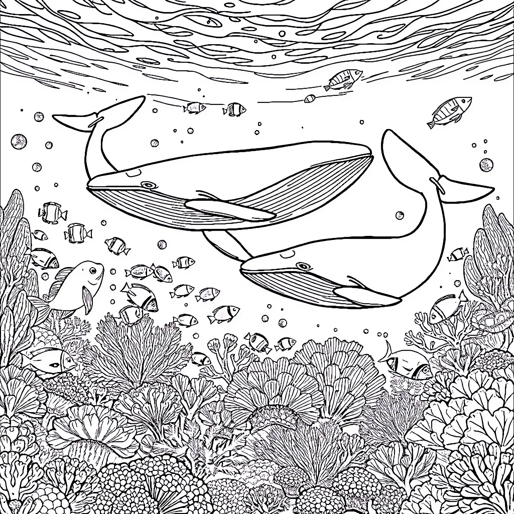 Whale swimming among colorful coral reefs and fishes Coloring Page (free black-and-white line drawing printable PDF for all, from beginners to advanced learners, including children, teens, adults, and seniors)