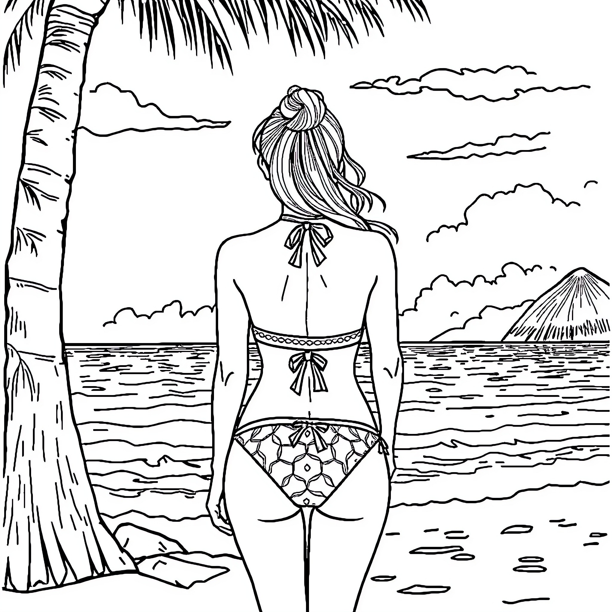 Bikini-clad figure standing in tropical paradise Coloring Page (free black-and-white line drawing printable PDF for all, from beginners to advanced learners, including children, teens, adults, and seniors)