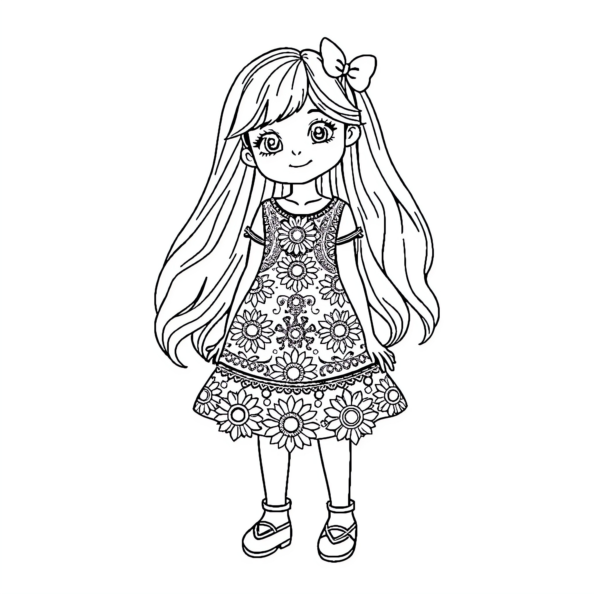 Girl in flower-patterned dress with long hair and bow Coloring Page (free black-and-white line drawing printable PDF for all, from beginners to advanced learners, including children, teens, adults, and seniors)