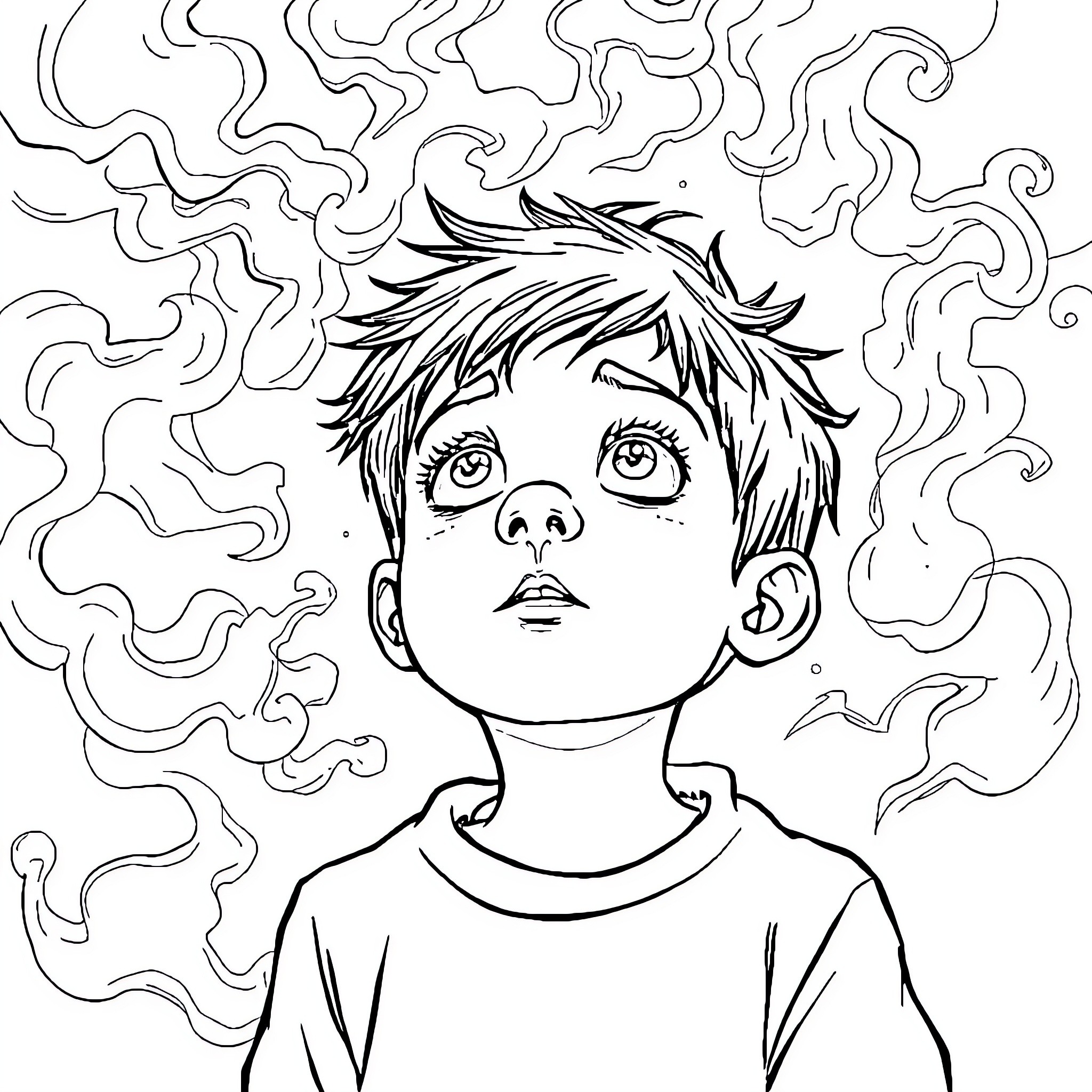 Boy surrounded by swirling thoughts and ideas Coloring Page (free black-and-white line drawing printable PDF for all, from beginners to advanced learners, including children, teens, adults, and seniors)