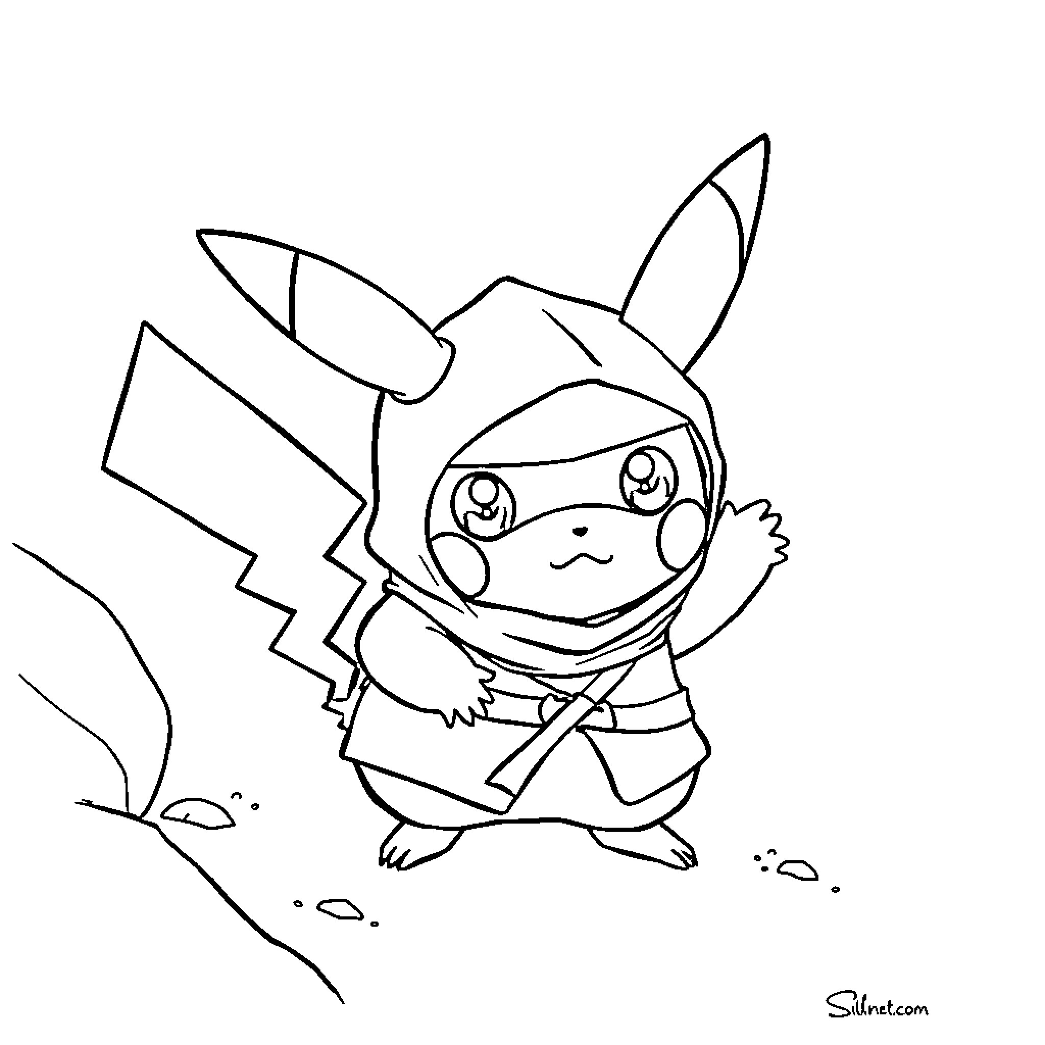 Pikachu in a ninja outfit Coloring Page (free black-and-white line drawing printable PDF for all, from beginners to advanced learners, including children, teens, adults, and seniors)