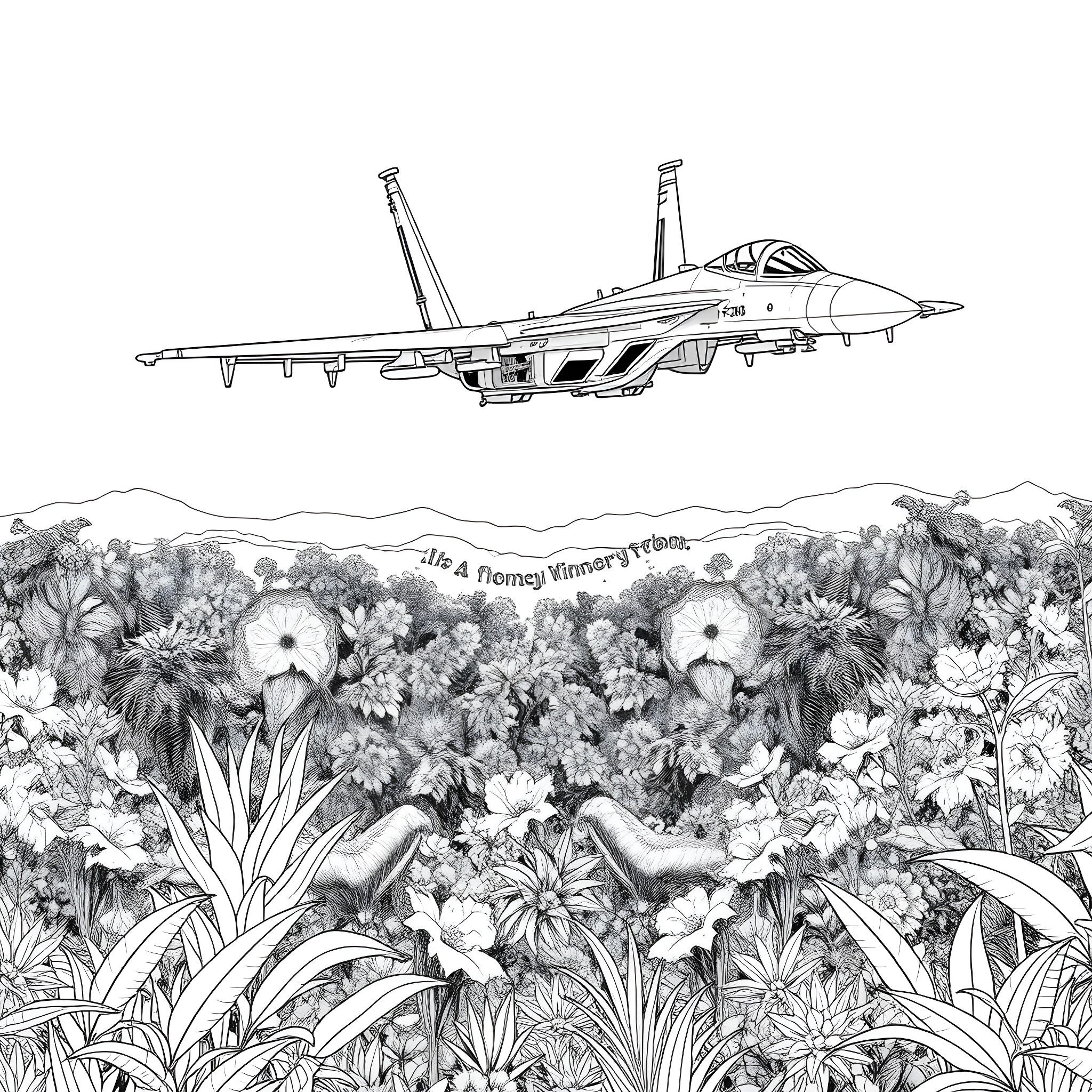 Eagle fighter jet soaring over lush tropical plants Coloring Page (free black-and-white line drawing printable PDF for all, from beginners to advanced learners, including children, teens, adults, and seniors)