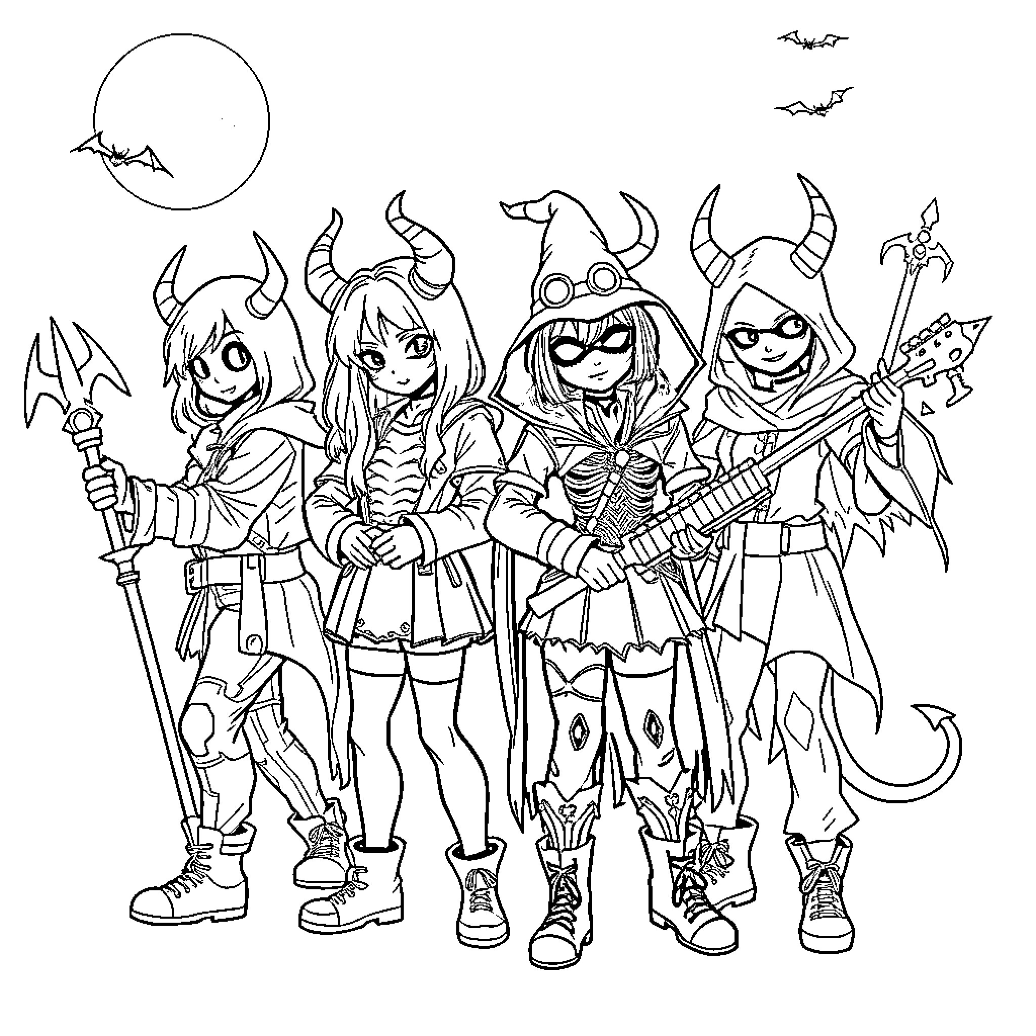 Demon Hunters in Fantastical Outfits and Poses Coloring Page (free black-and-white line drawing printable PDF for all, from beginners to advanced learners, including children, teens, adults, and seniors)