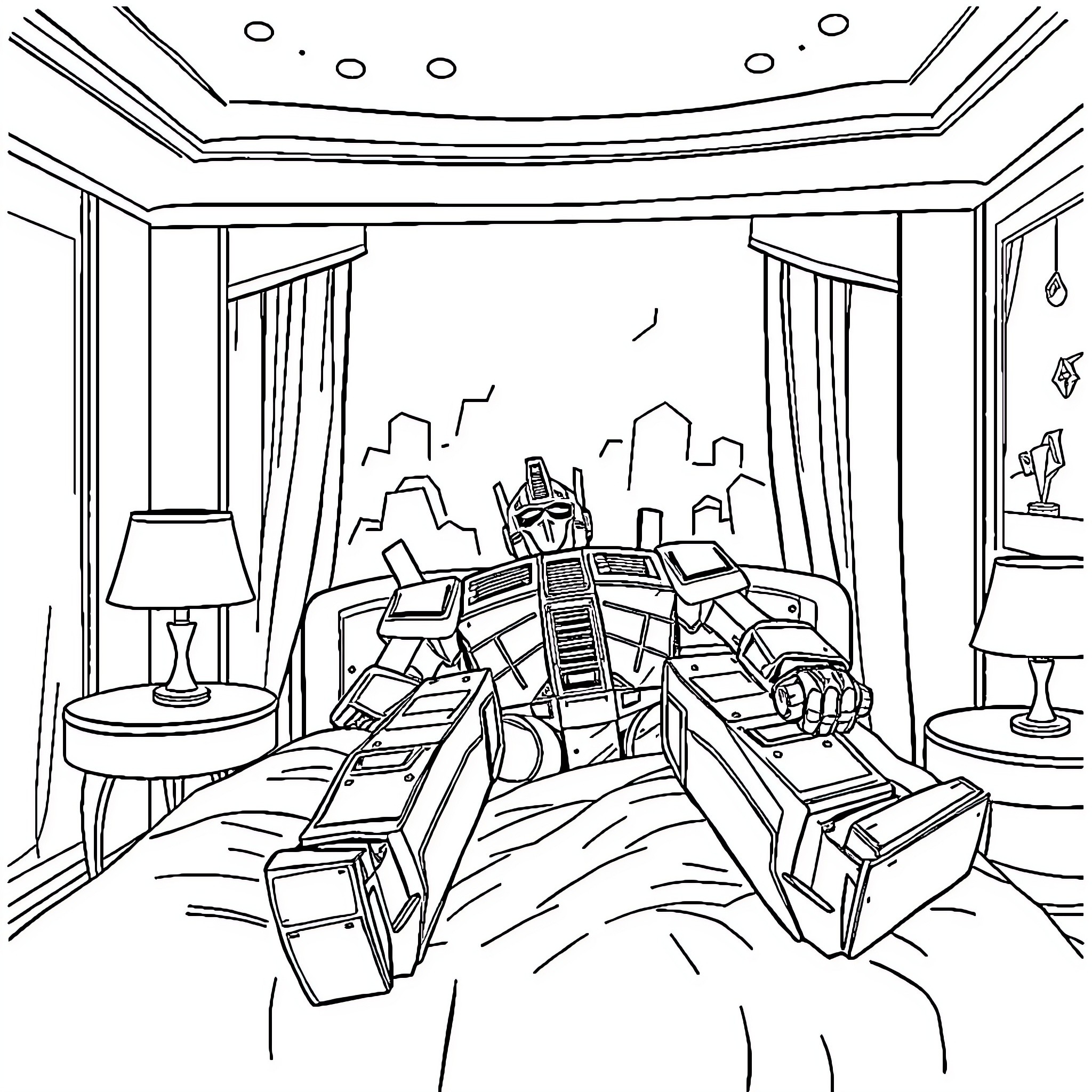 Optimus Prime enjoying a cozy evening at home Coloring Page (free black-and-white line drawing printable PDF for all, from beginners to advanced learners, including children, teens, adults, and seniors)