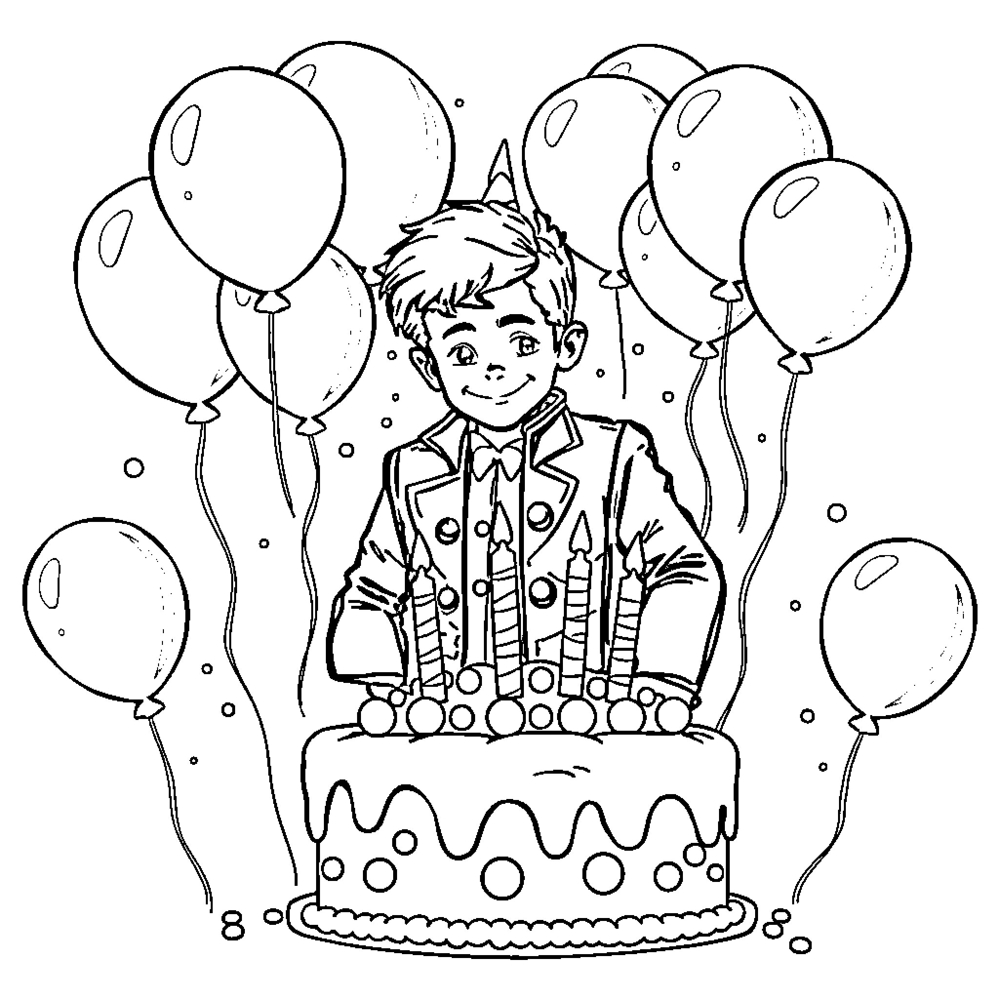Birthday celebration with happy child and balloons Coloring Page (free black-and-white line drawing printable PDF for all, from beginners to advanced learners, including children, teens, adults, and seniors)