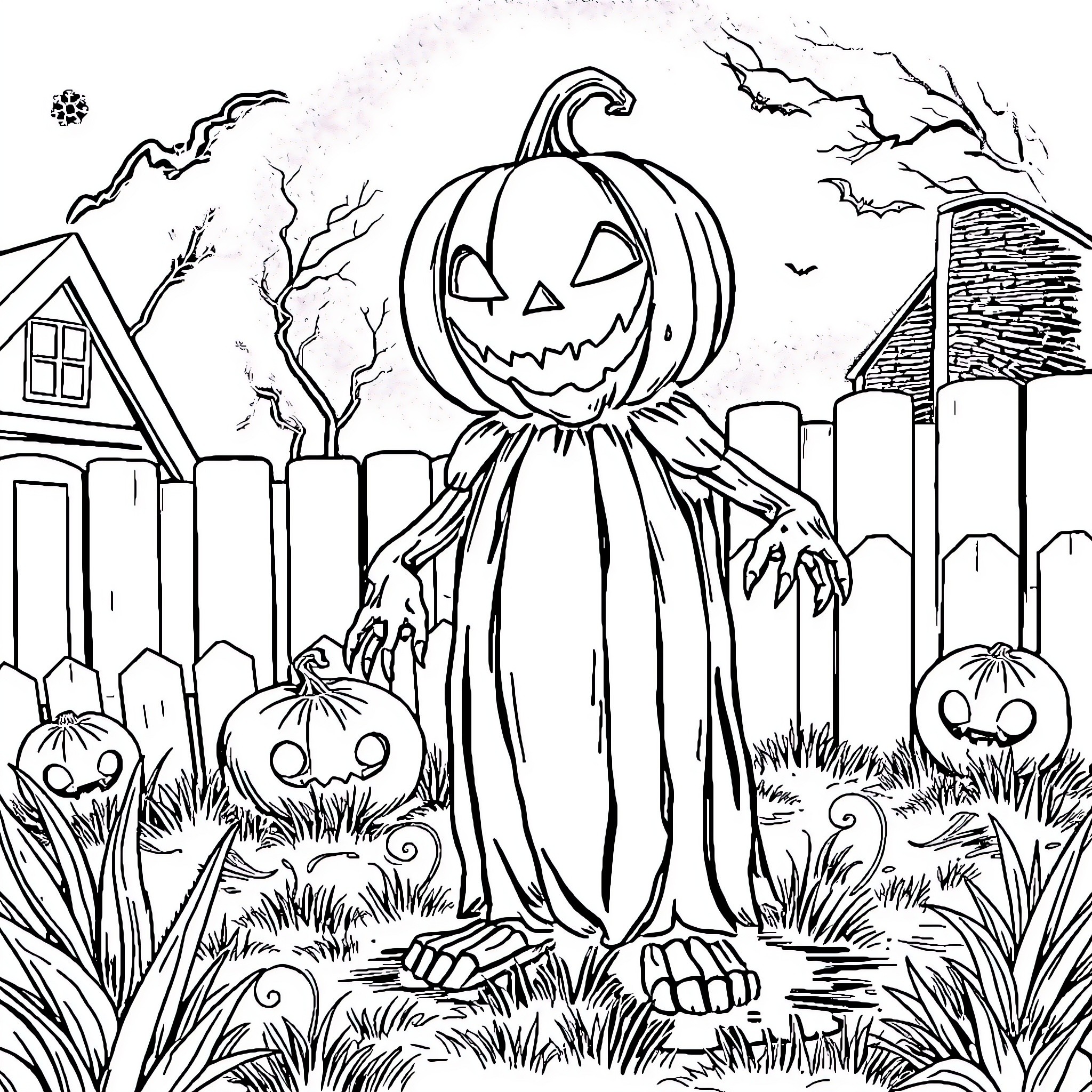 Pumpkin creature standing among haunting scenery Coloring Page (free black-and-white line drawing printable PDF for all, from beginners to advanced learners, including children, teens, adults, and seniors)