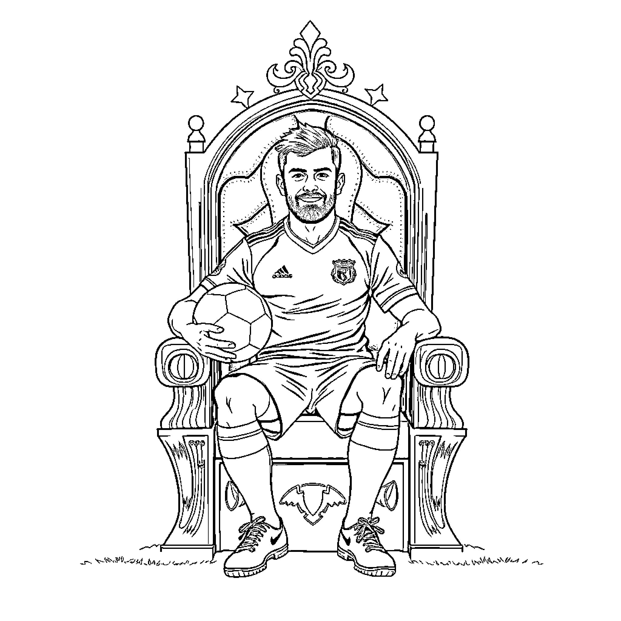 Sam Foley seated on an ornate throne with a soccer ball Coloring Page (free black-and-white line drawing printable PDF for all, from beginners to advanced learners, including children, teens, adults, and seniors)