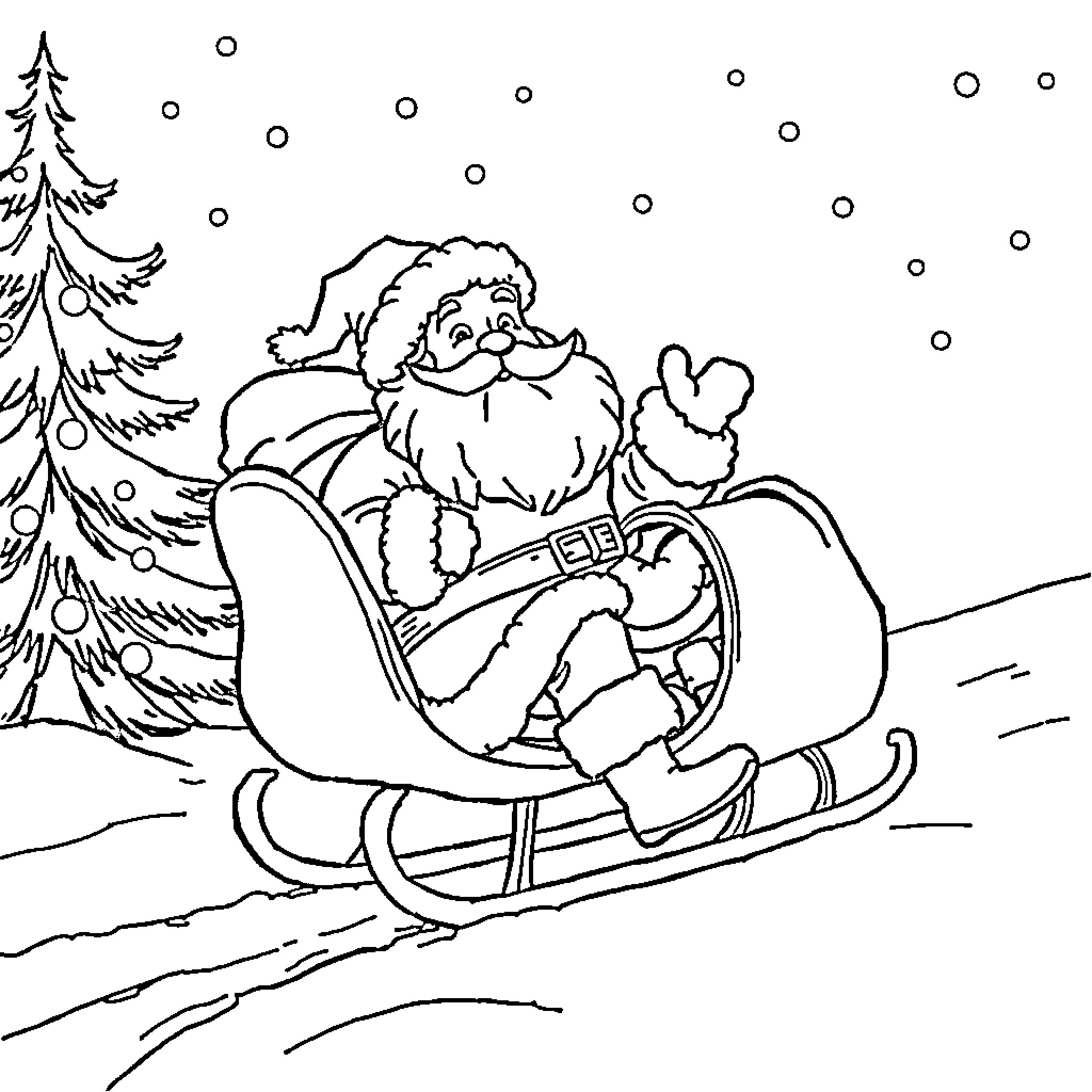 Père Noël riding a sleigh through a snowy landscape Coloring Page (free black-and-white line drawing printable PDF for all, from beginners to advanced learners, including children, teens, adults, and seniors)