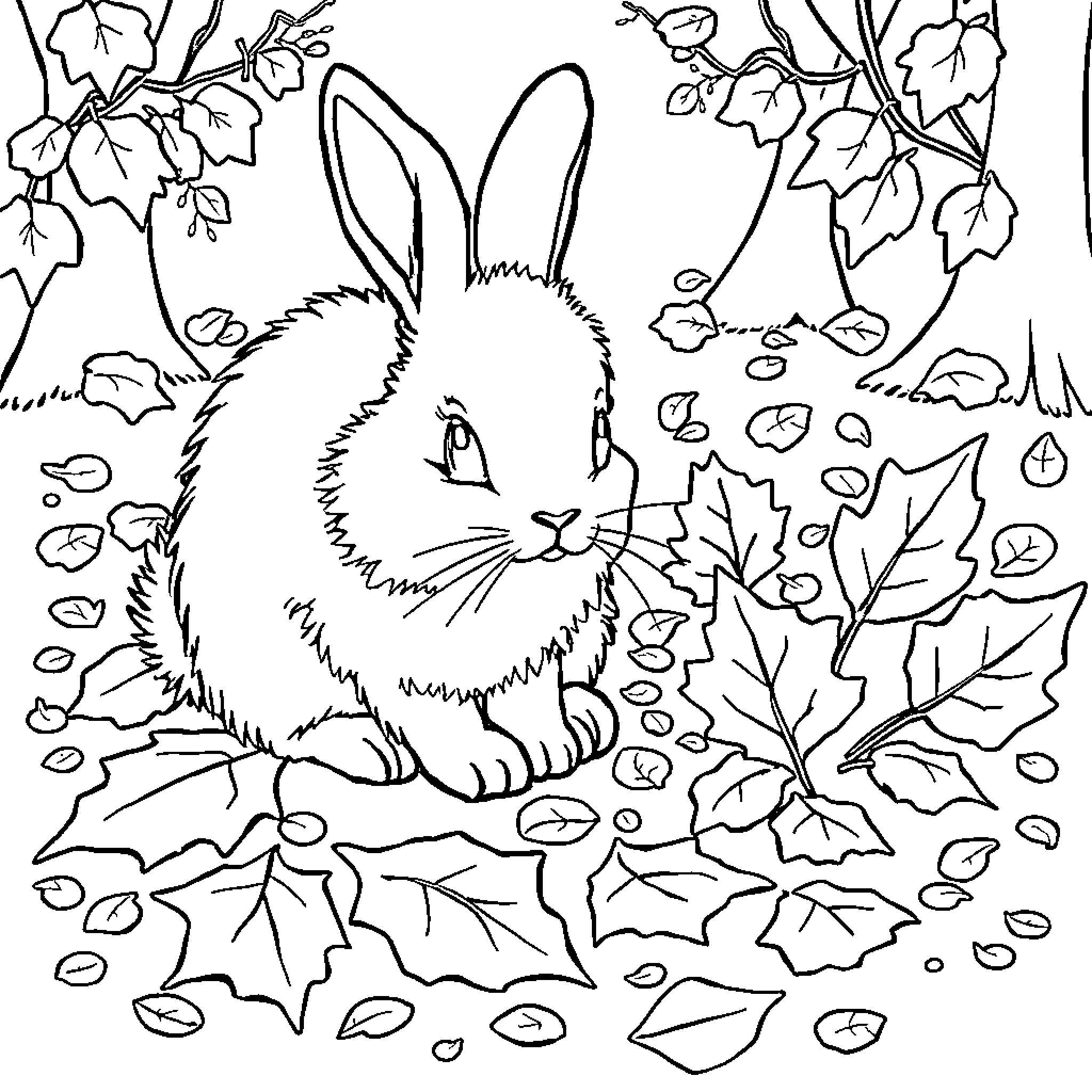Leaf-covered Rabbit in Autumn Foliage Coloring Page (free black-and-white line drawing printable PDF for all, from beginners to advanced learners, including children, teens, adults, and seniors)