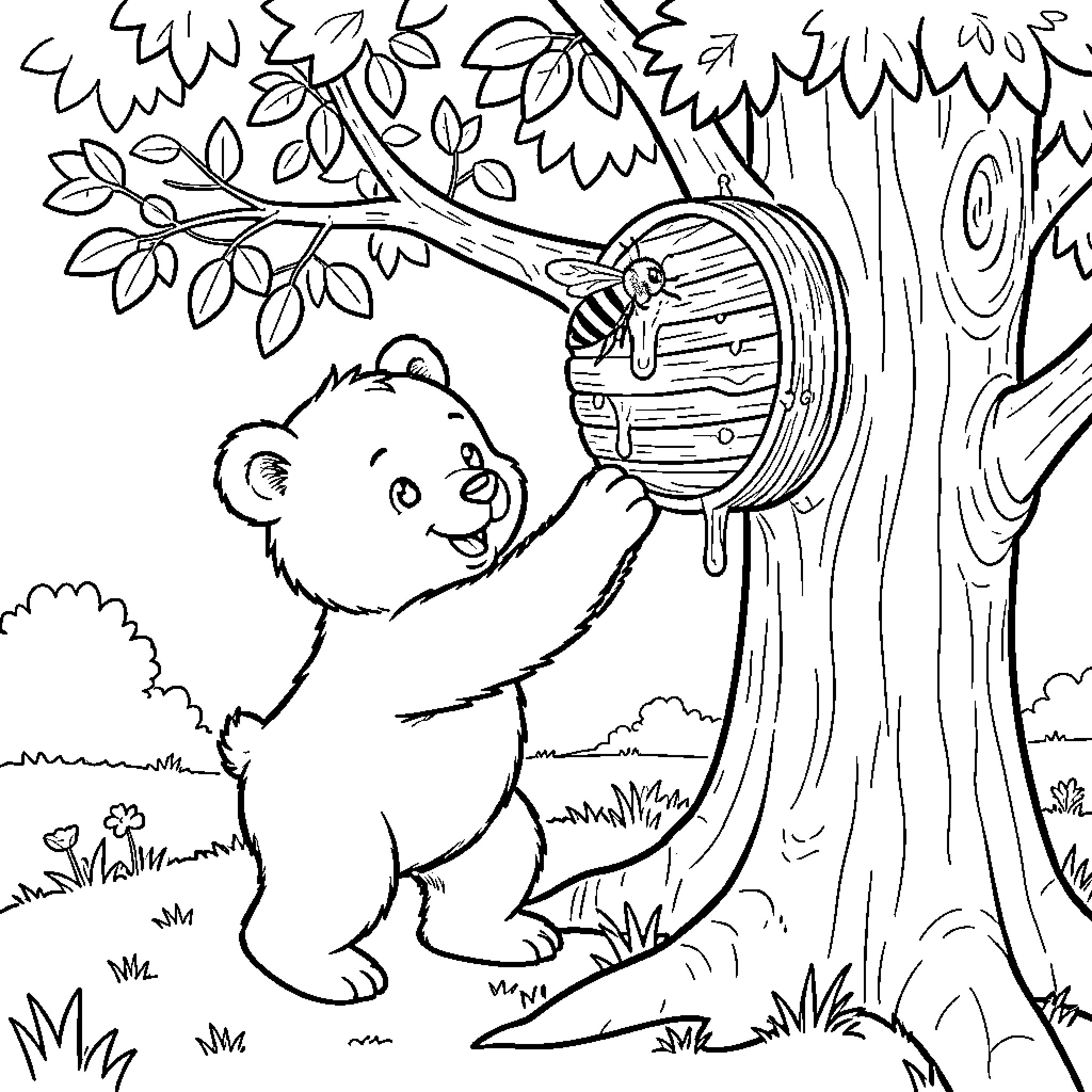 Bear harvesting honey from hive in forest Coloring Page (free black-and-white line drawing printable PDF for all, from beginners to advanced learners, including children, teens, adults, and seniors)
