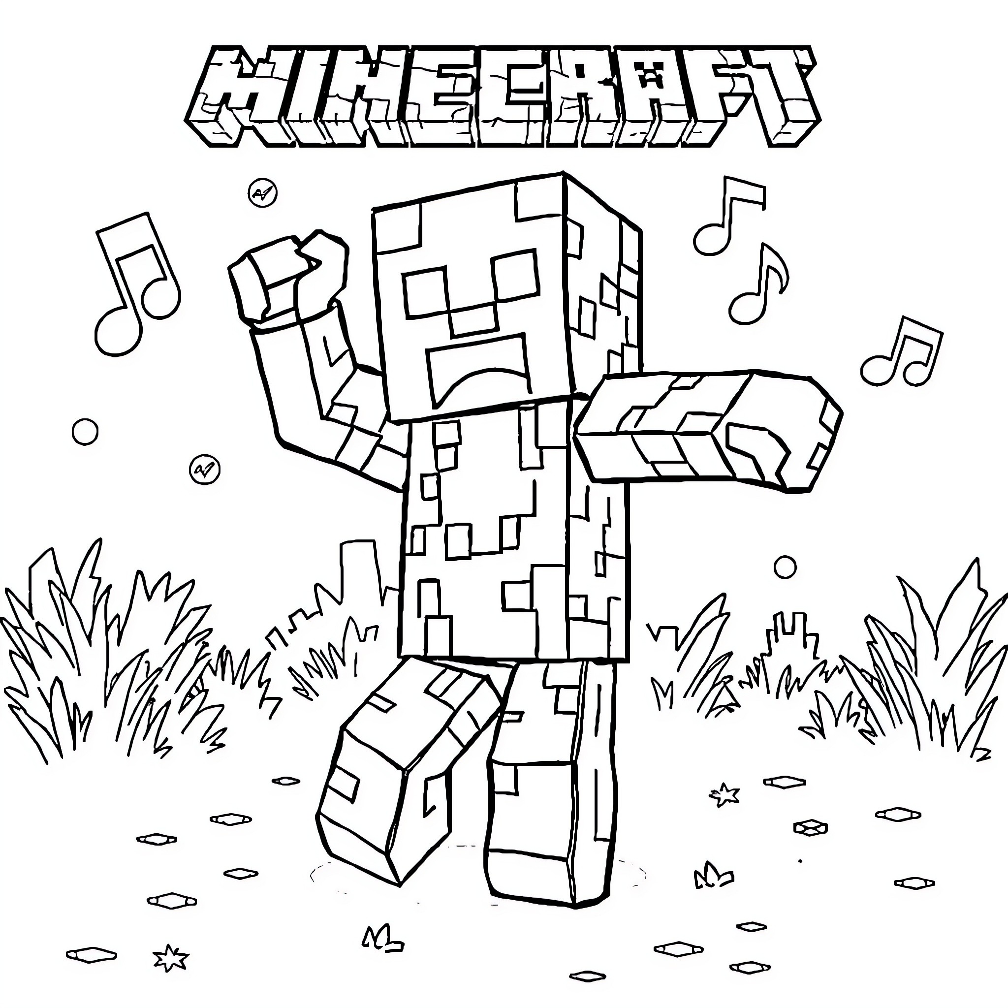 Creeper dancing with music notes in the wilderness Coloring Page (free black-and-white line drawing printable PDF for all, from beginners to advanced learners, including children, teens, adults, and seniors)