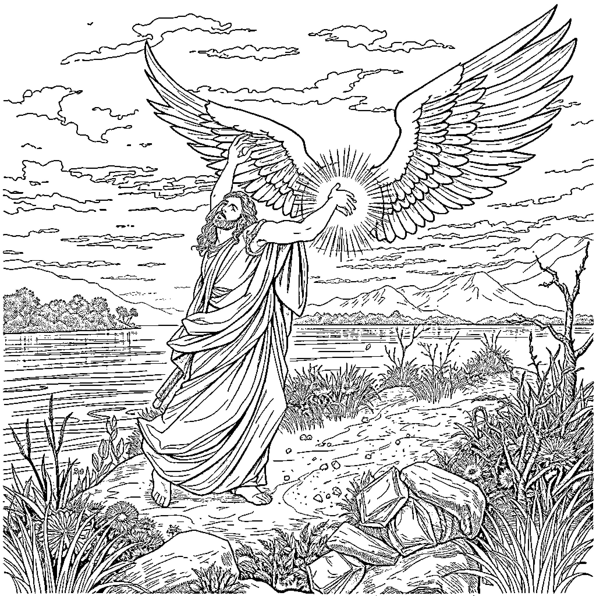 Jacob's angelic vision by the lakeside Coloring Page (free black-and-white line drawing printable PDF for all, from beginners to advanced learners, including children, teens, adults, and seniors)
