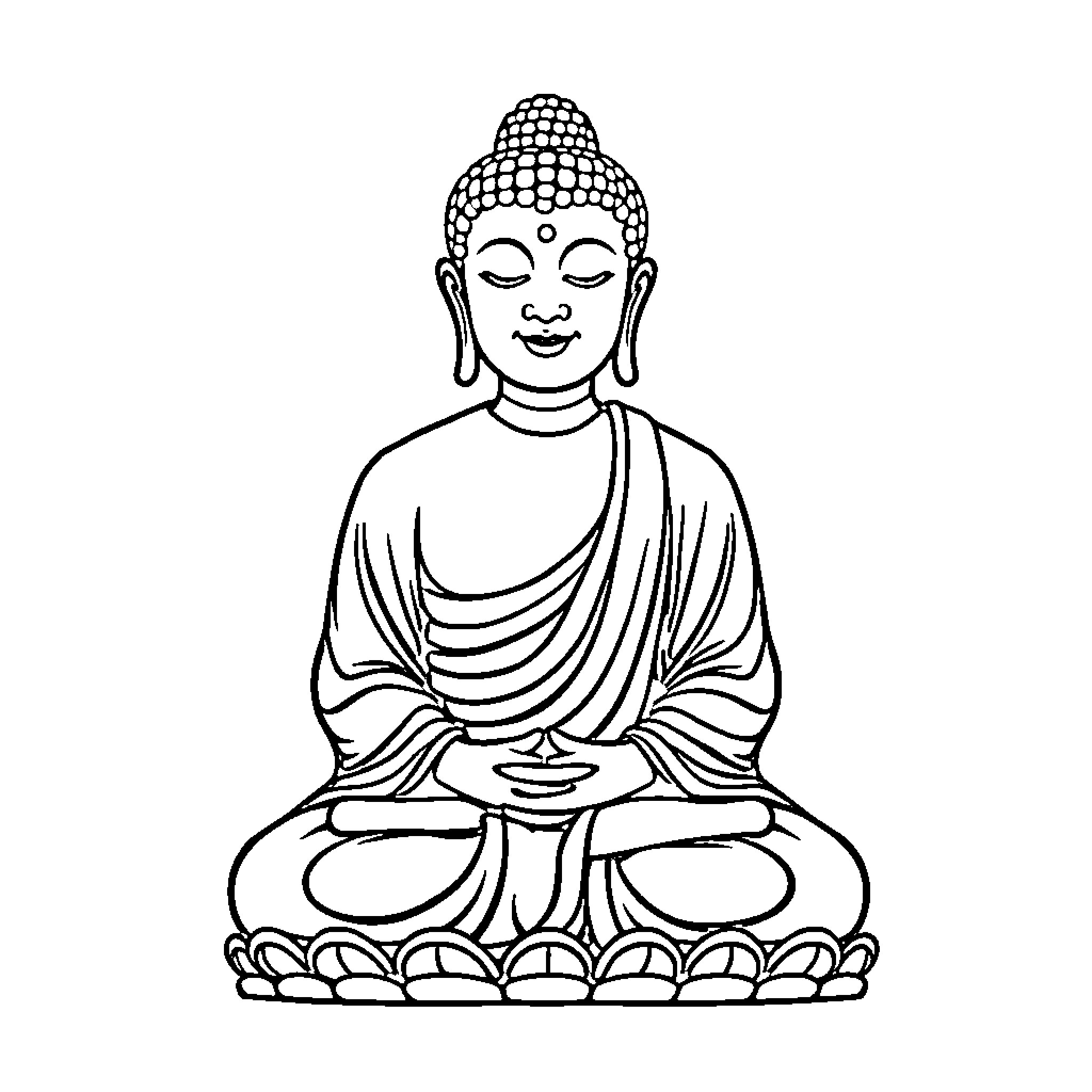 Buddha in meditative pose Coloring Page (free black-and-white line drawing printable PDF for all, from beginners to advanced learners, including children, teens, adults, and seniors)