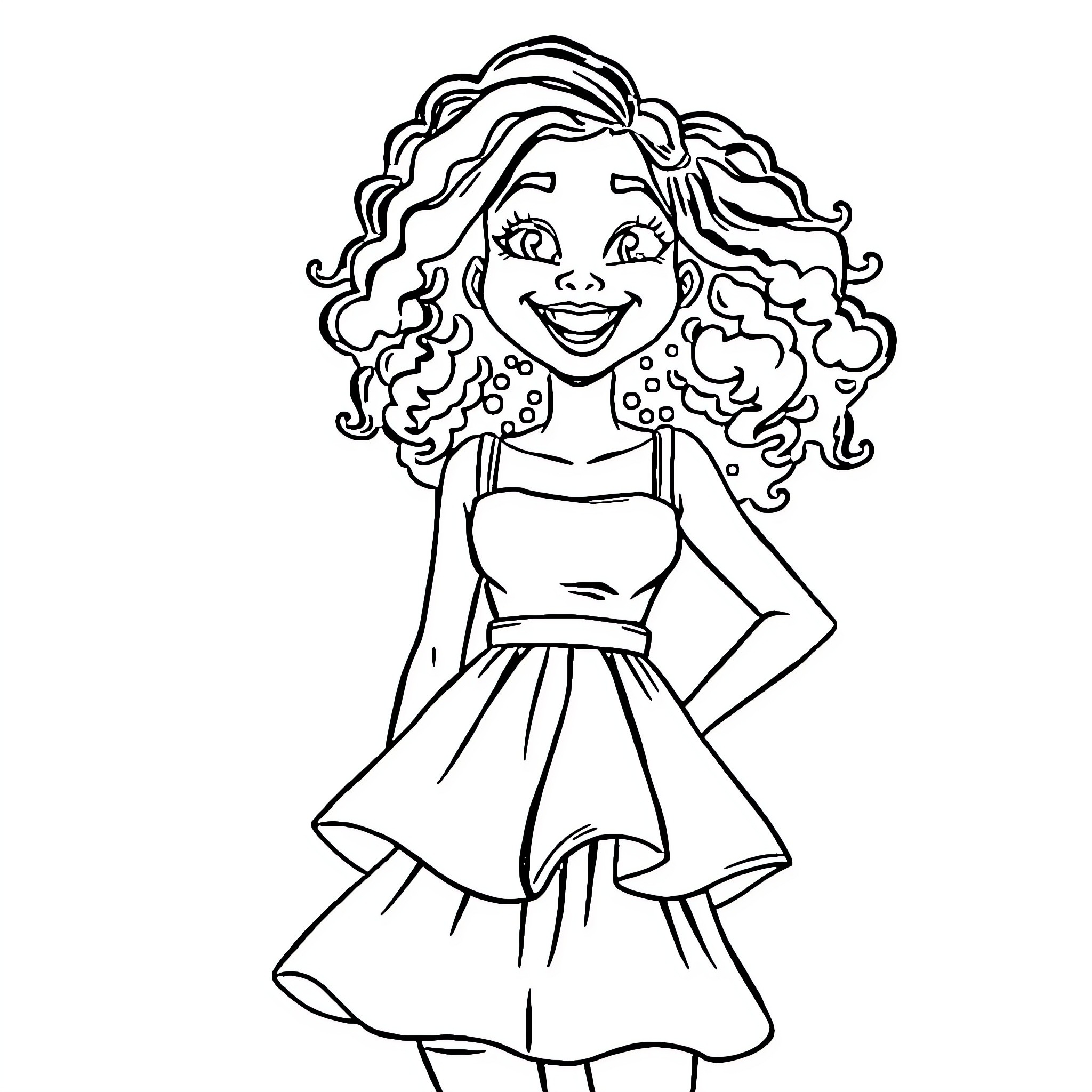 Girl in Cheerful Dress with Curly Hair Coloring Page (free black-and-white line drawing printable PDF for all, from beginners to advanced learners, including children, teens, adults, and seniors)