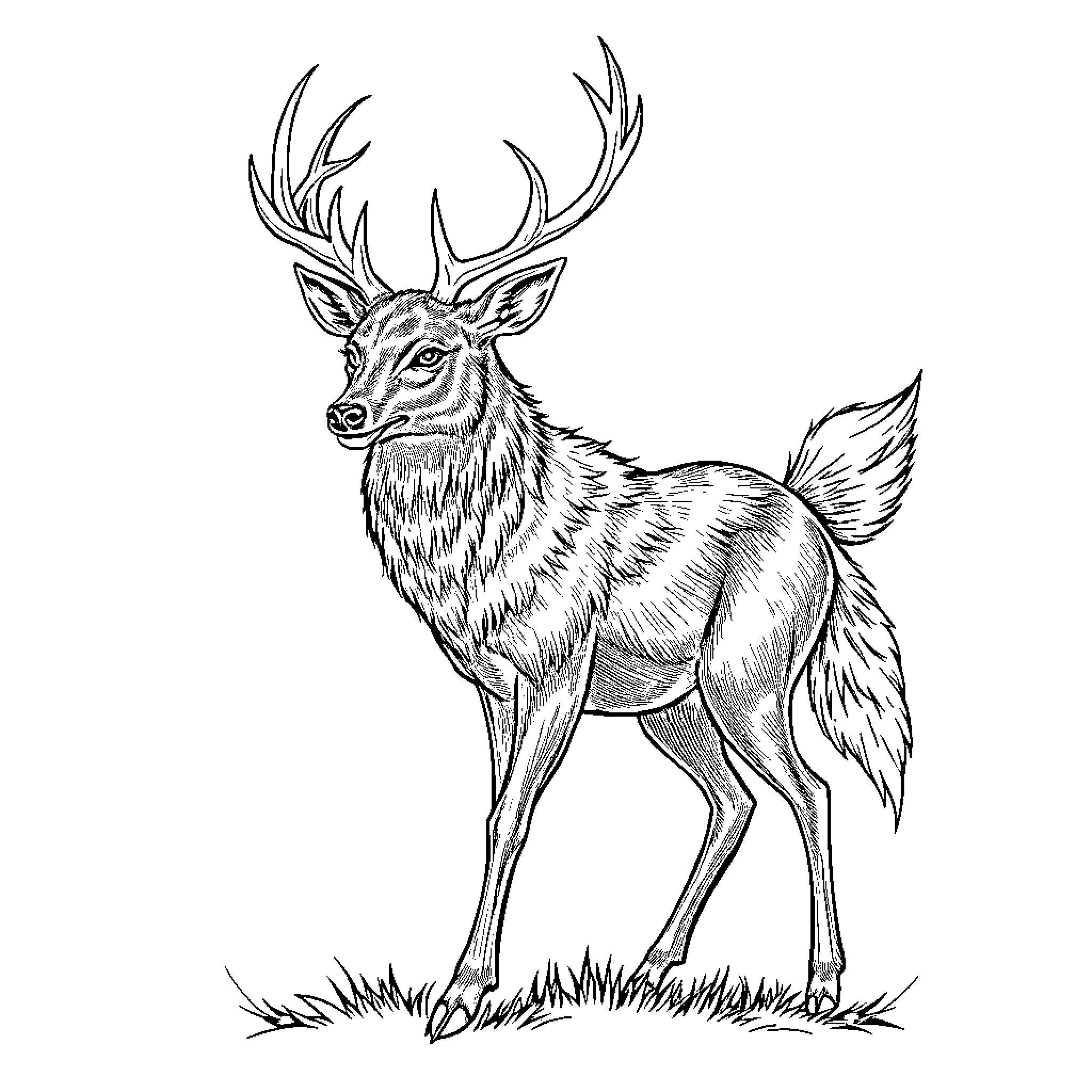 Deer standing tall in the wild Coloring Page (free black-and-white line drawing printable PDF for all, from beginners to advanced learners, including children, teens, adults, and seniors)