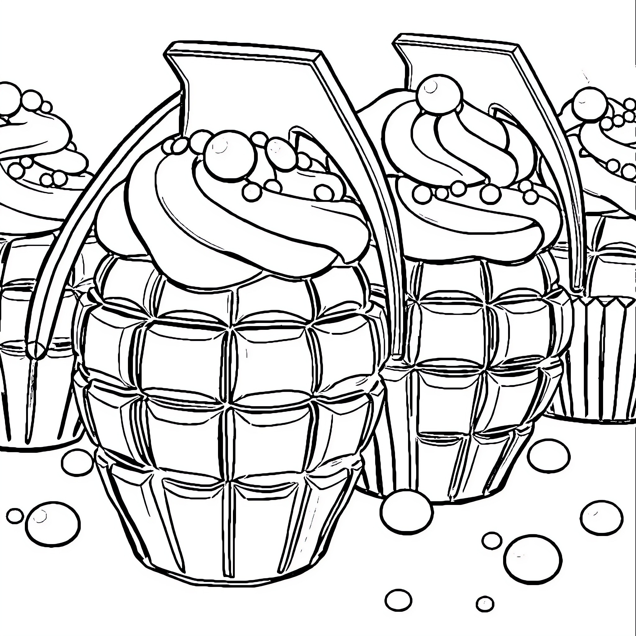 Cupcake-shaped grenades in a chaotic scene Coloring Page (free black-and-white line drawing printable PDF for all, from beginners to advanced learners, including children, teens, adults, and seniors)