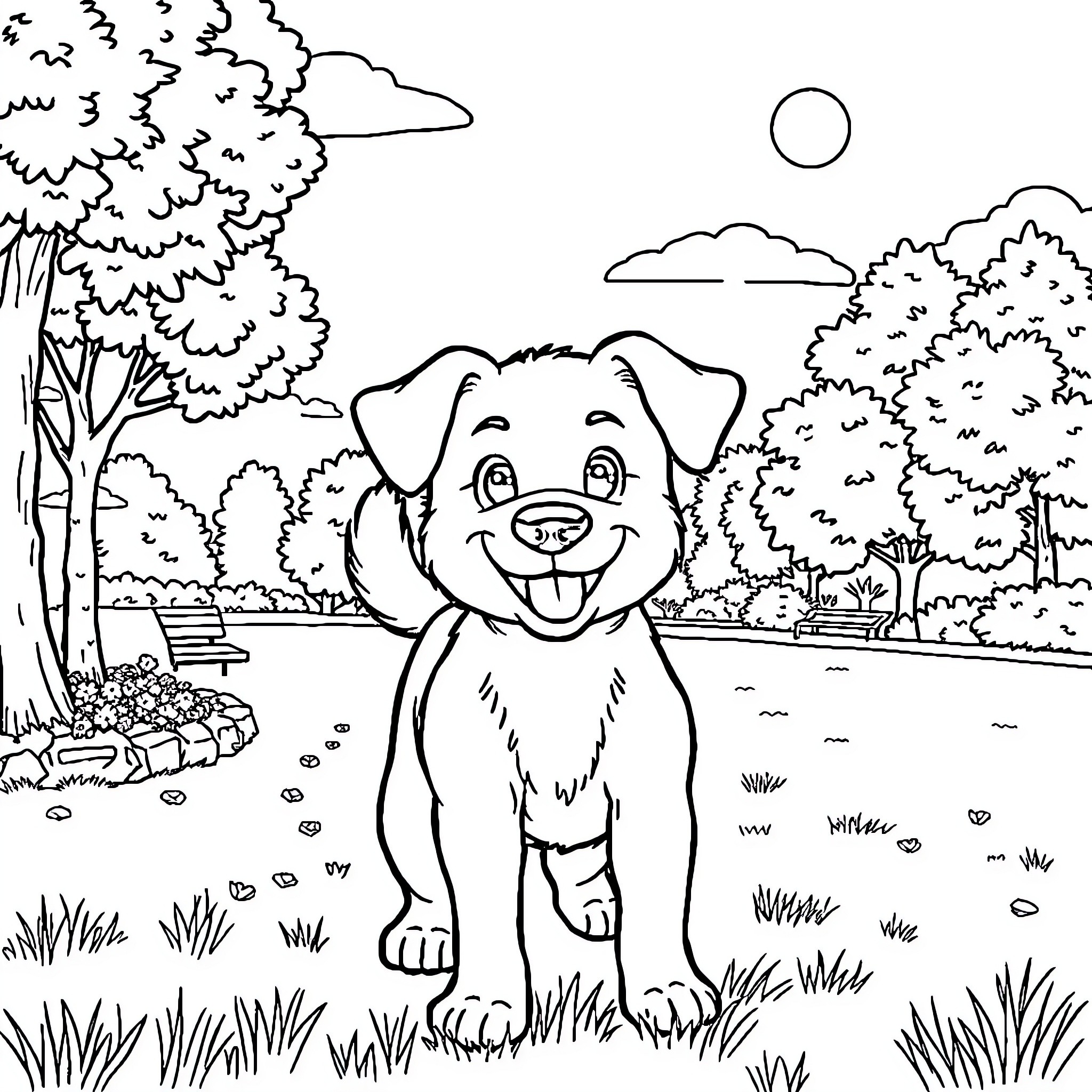 Dog enjoying the outdoor park scenery Coloring Page (free black-and-white line drawing printable PDF for all, from beginners to advanced learners, including children, teens, adults, and seniors)