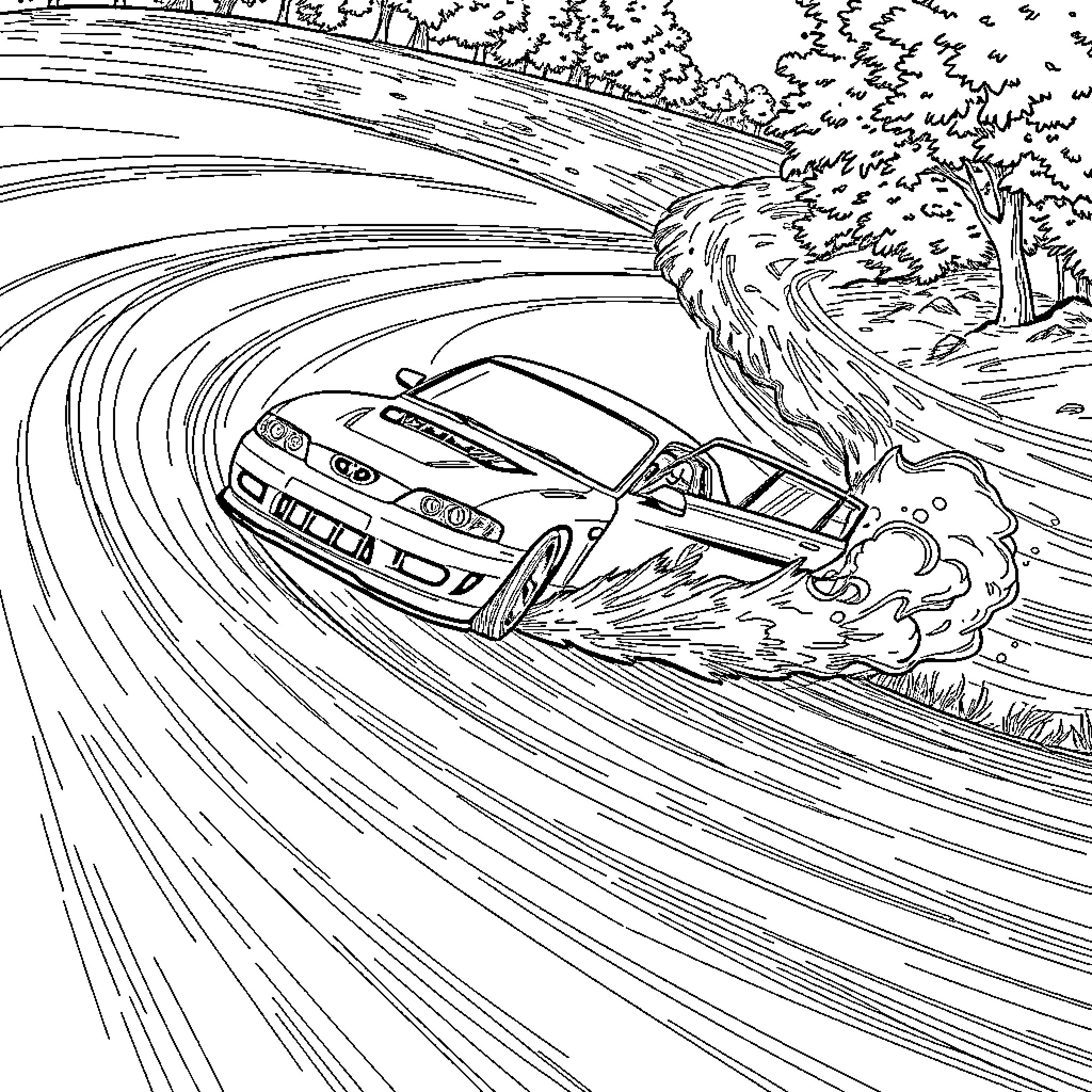 Drifting Car Racing Through Winding Road Coloring Page (free black-and-white line drawing printable PDF for all, from beginners to advanced learners, including children, teens, adults, and seniors)