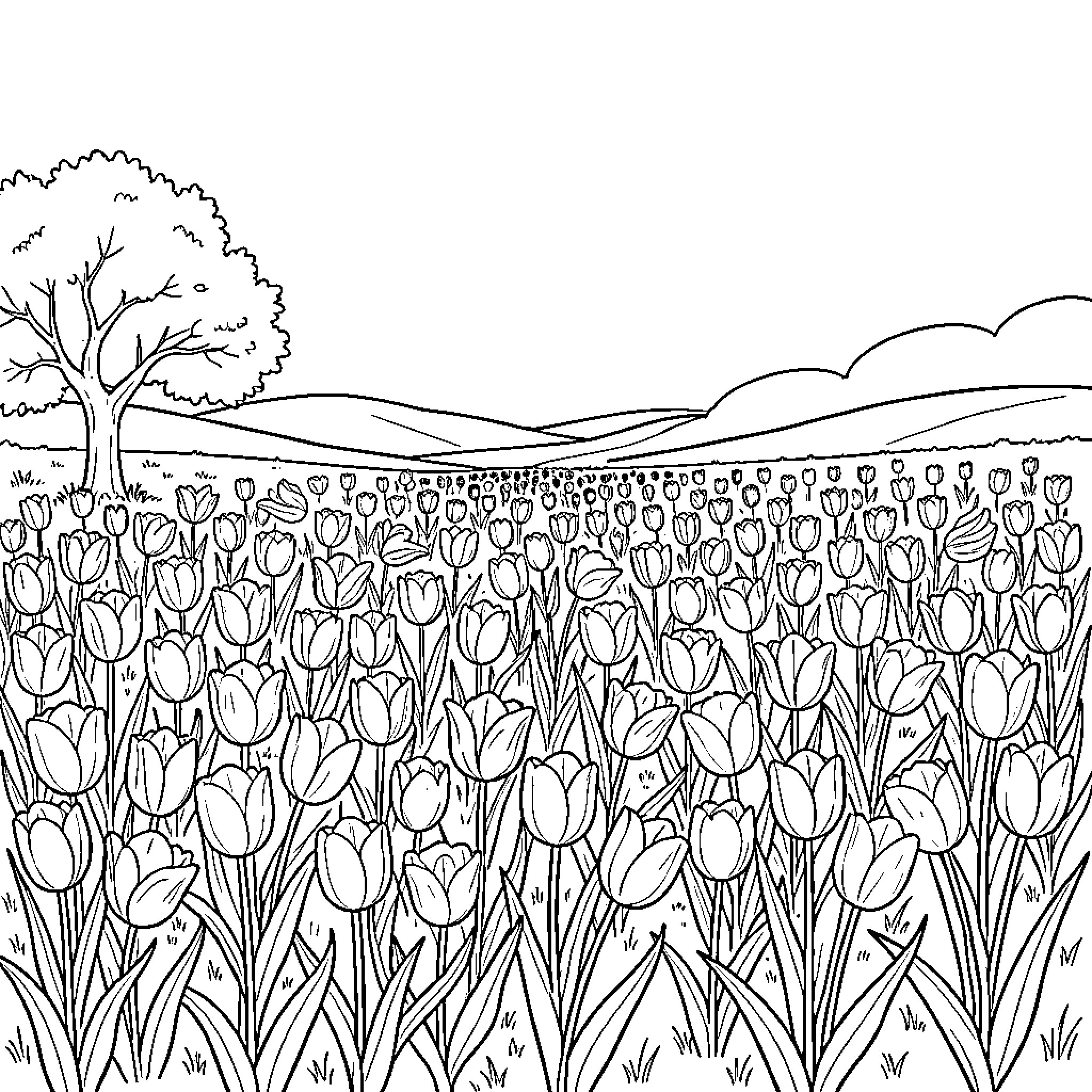 Tulips blooming in a picturesque landscape Coloring Page (free black-and-white line drawing printable PDF for all, from beginners to advanced learners, including children, teens, adults, and seniors)