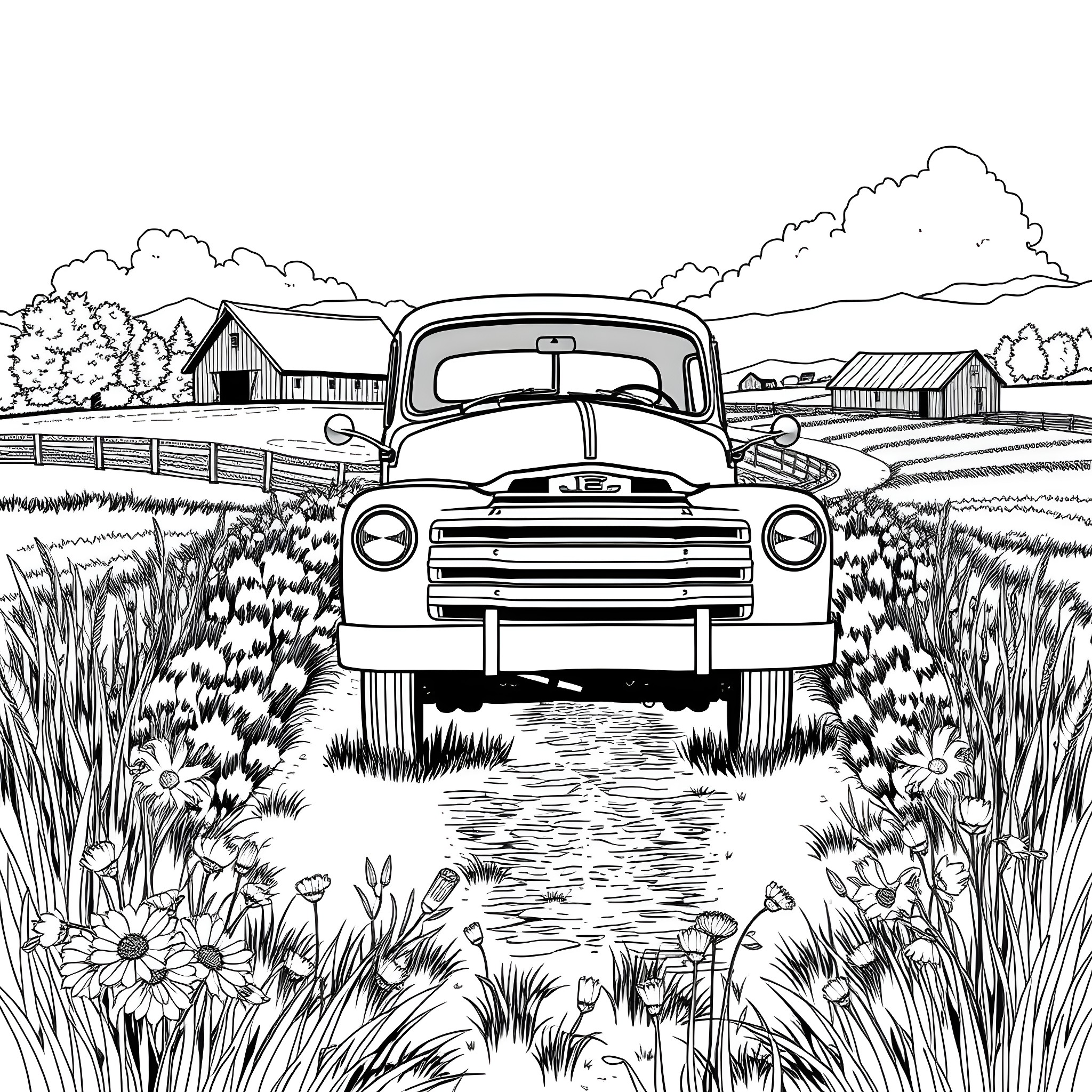 Truck parked in a rural farmland setting Coloring Page (free black-and-white line drawing printable PDF for all, from beginners to advanced learners, including children, teens, adults, and seniors)