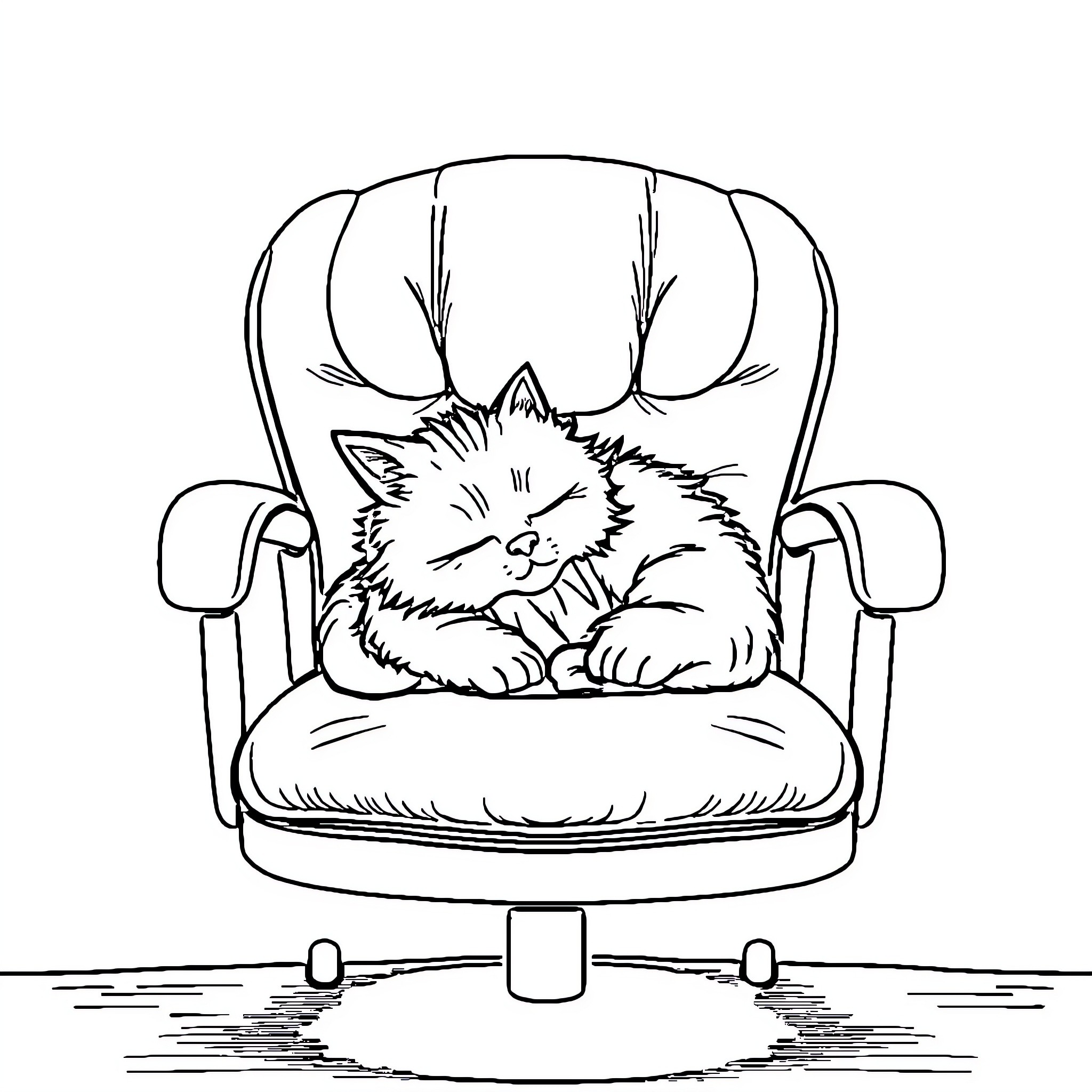 Cat resting comfortably in an armchair Coloring Page (free black-and-white line drawing printable PDF for all, from beginners to advanced learners, including children, teens, adults, and seniors)